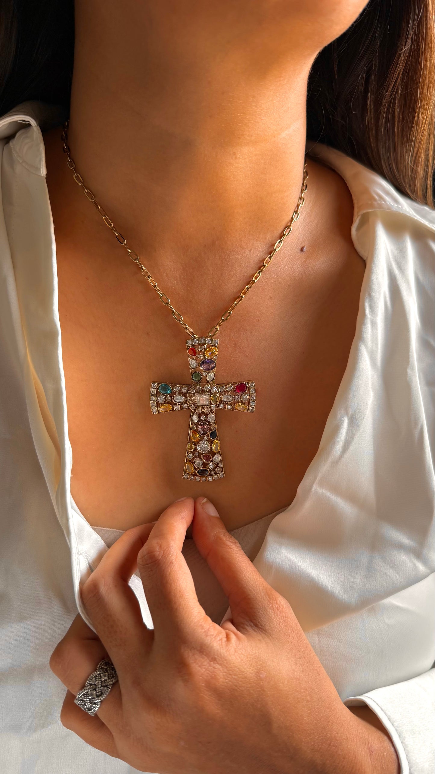 Sabyasachi inspired Multi-Color Gemstone Pavé Cross Necklace Set