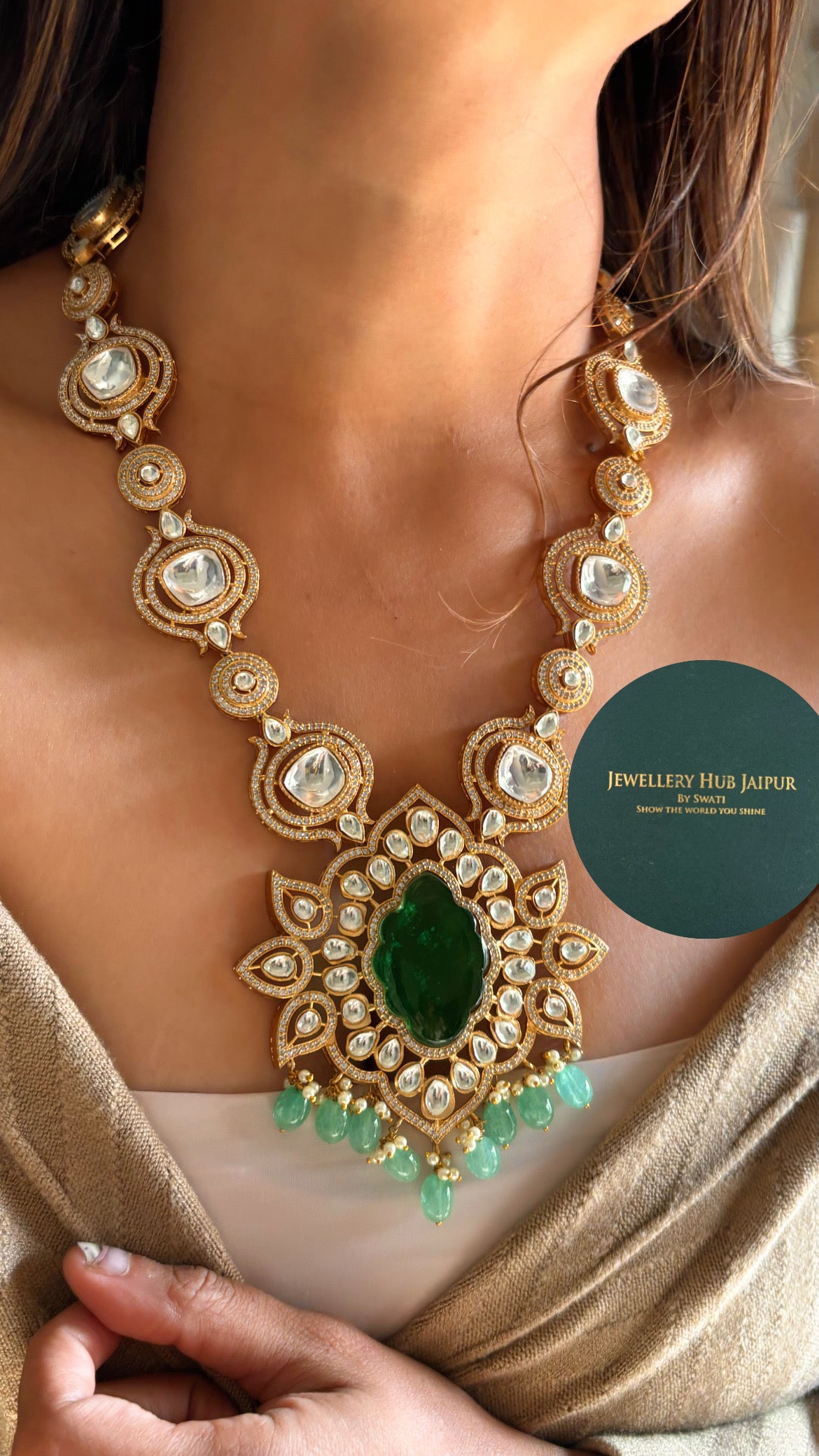 Emerald Moissanite mid length designer necklace set