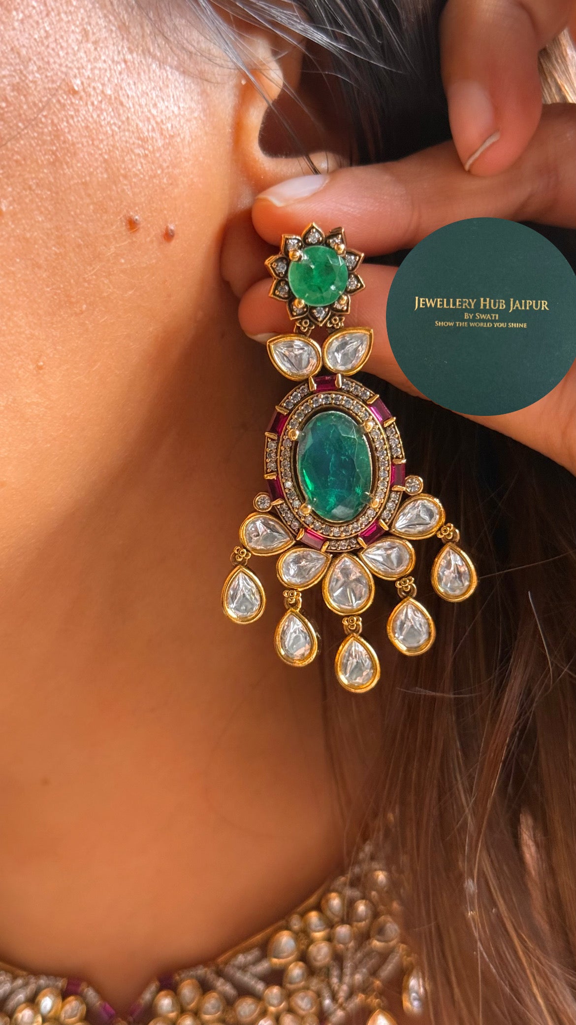 Emerald doublet & rani pink moissanite floral designer collar set