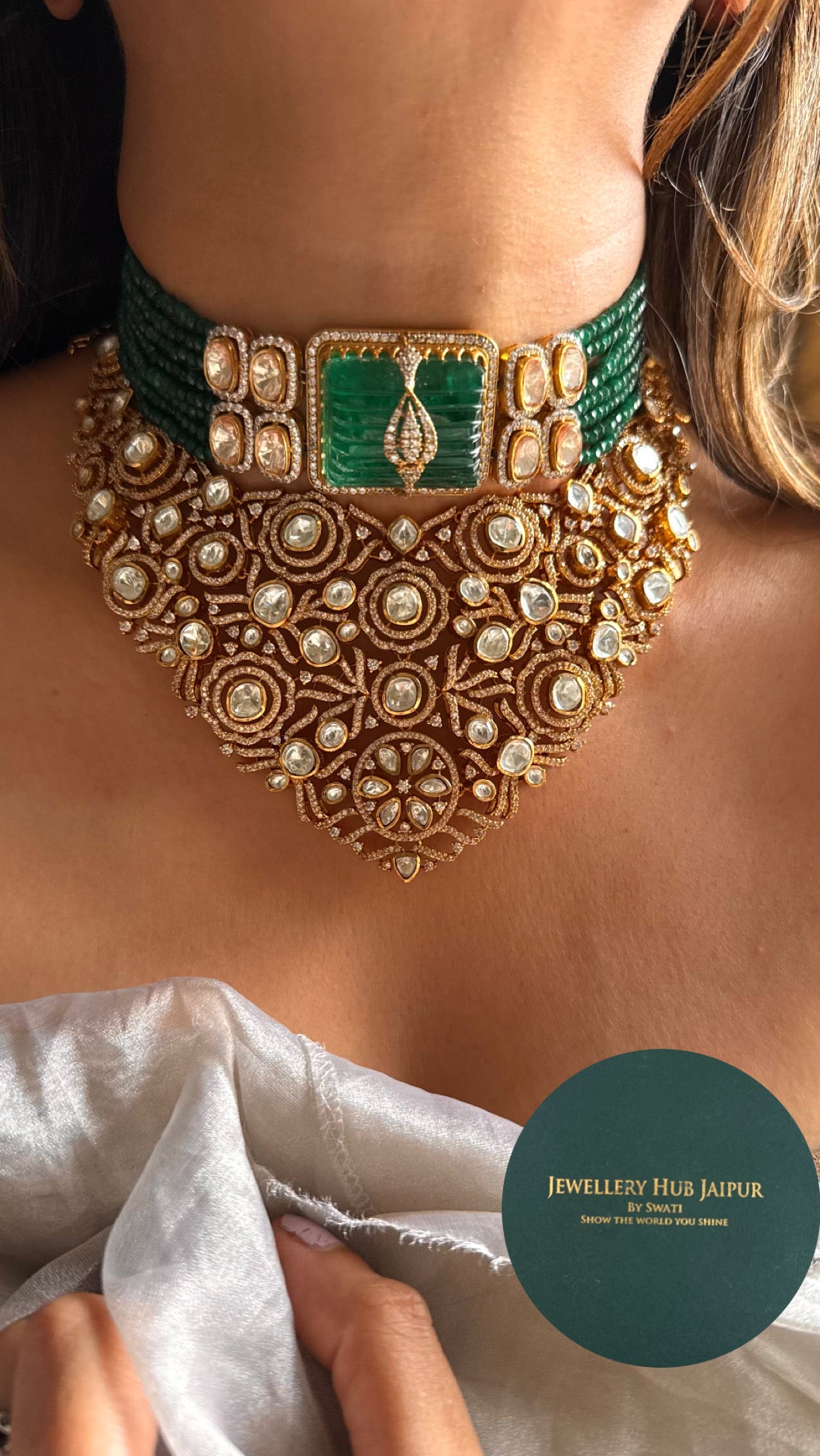 Emerald with pearl detailing real Moissanite polki combo Necklace