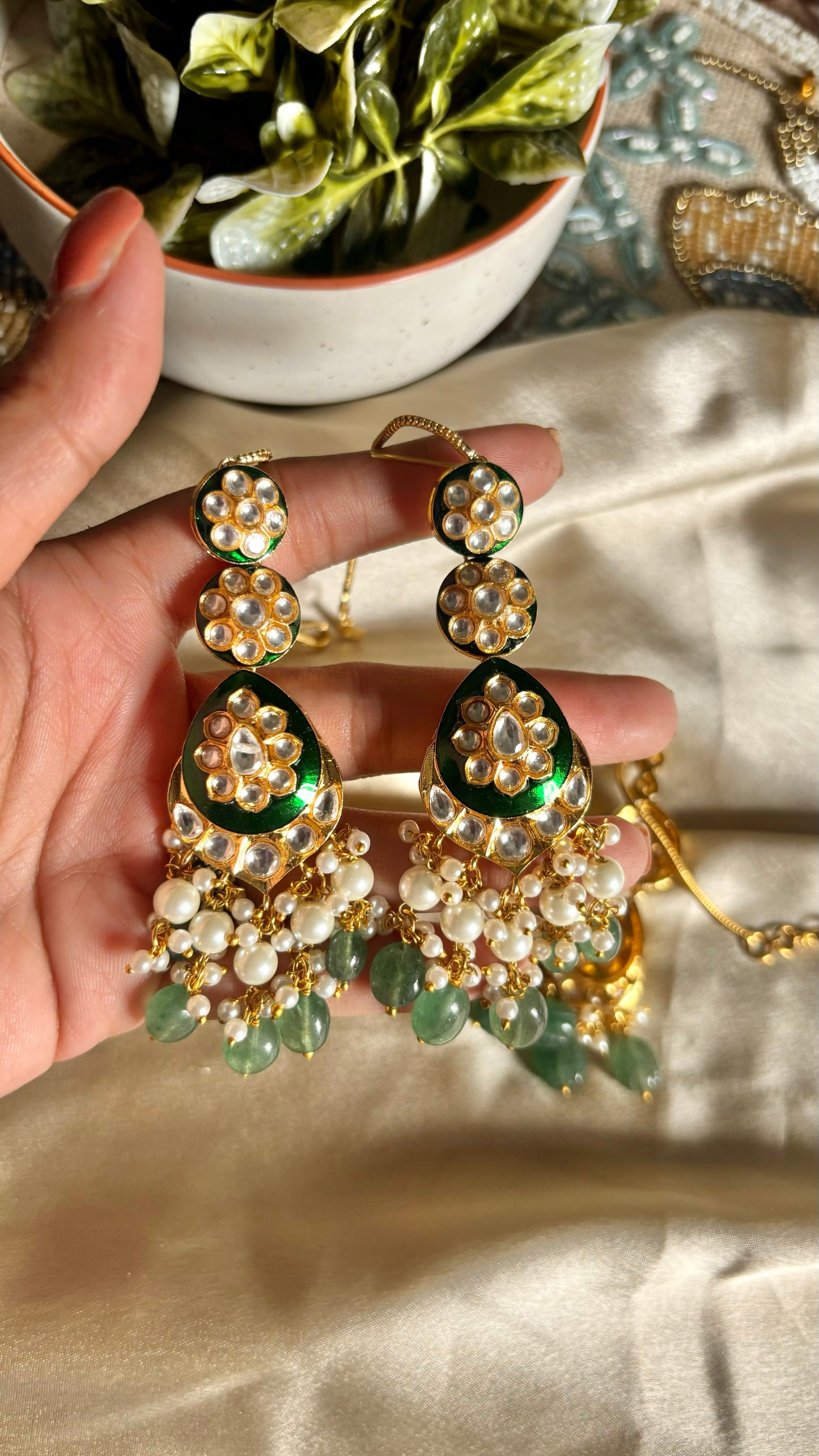 Emerald gold meenakari earrings