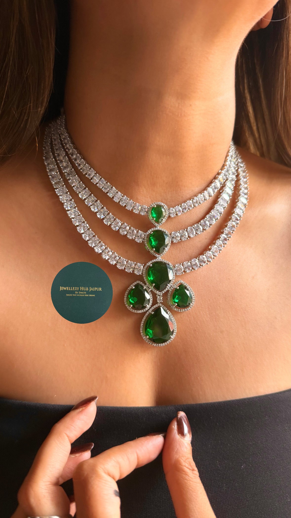 Emerald triple layer cz diamond necklace
