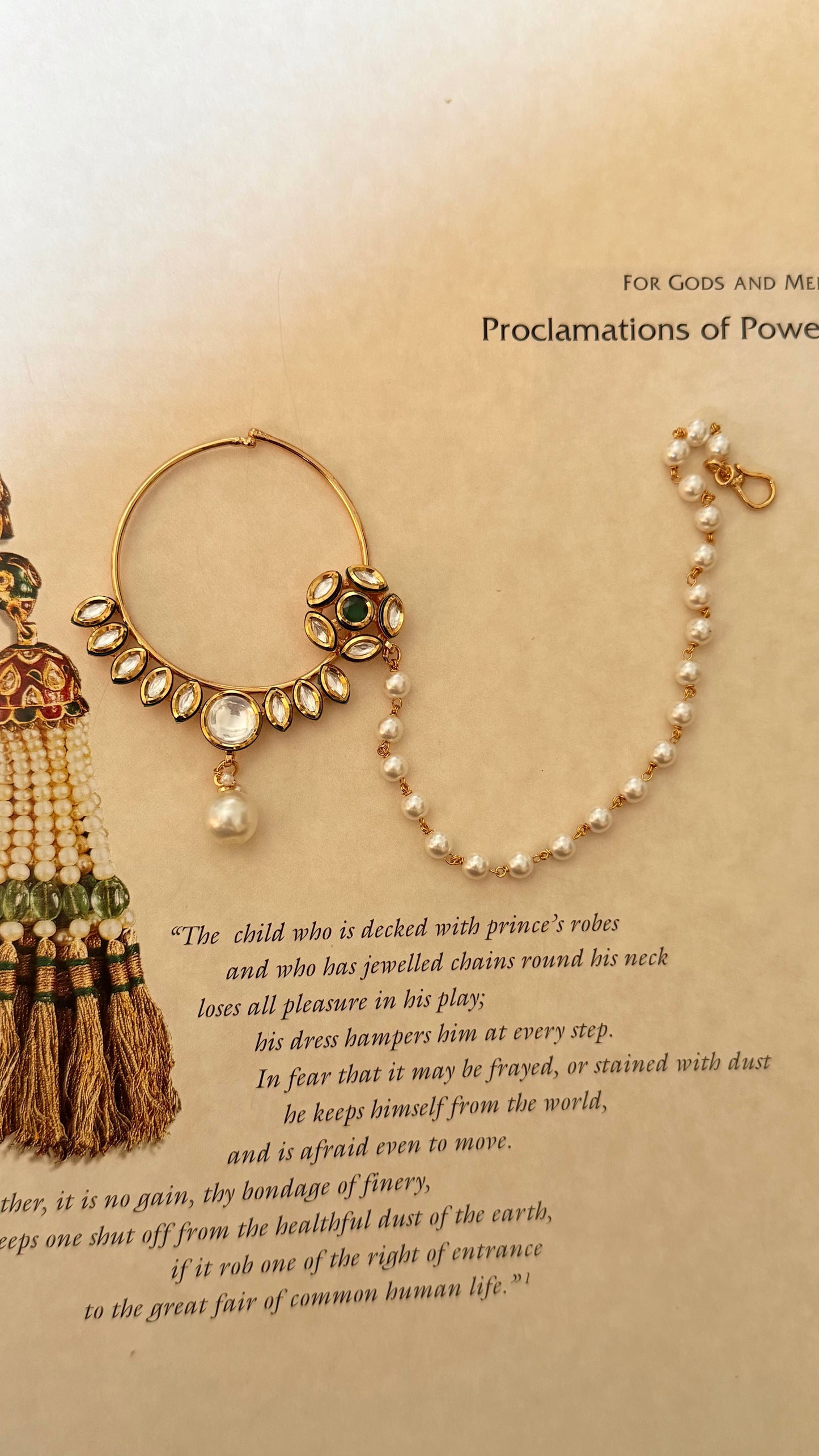 Emerald floral moissanite pearl drop nath