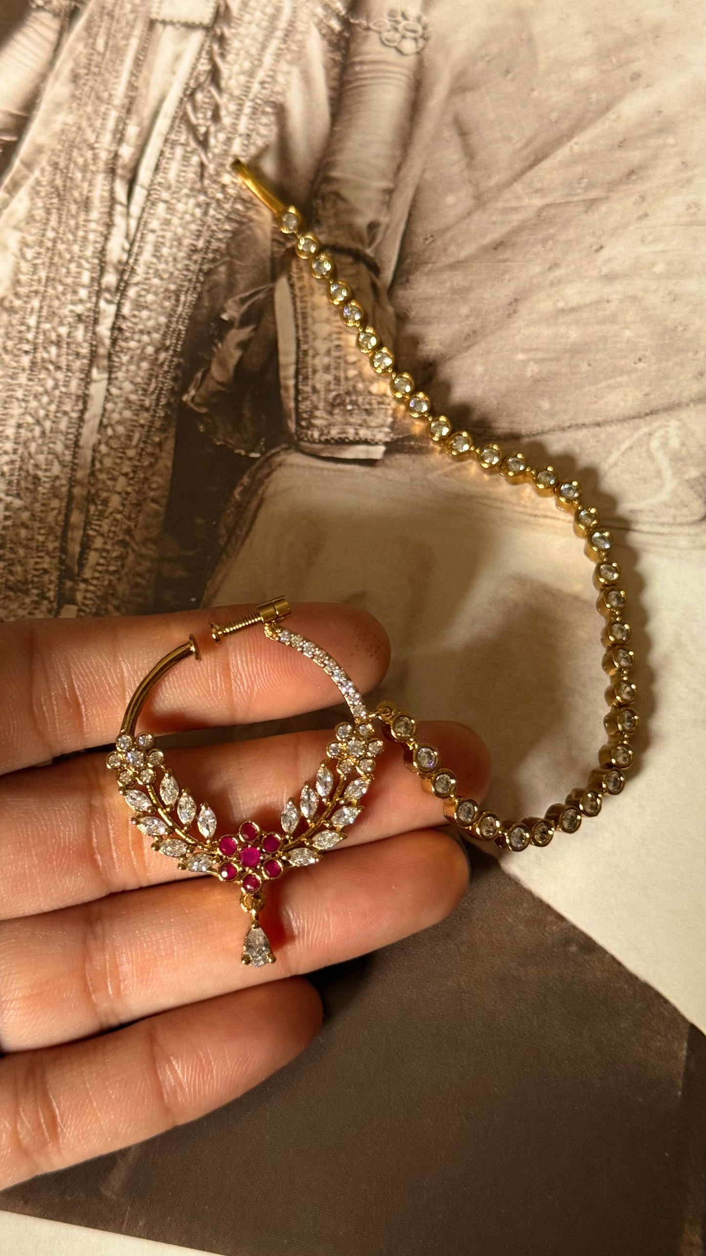 Rani pink floral diamond nath