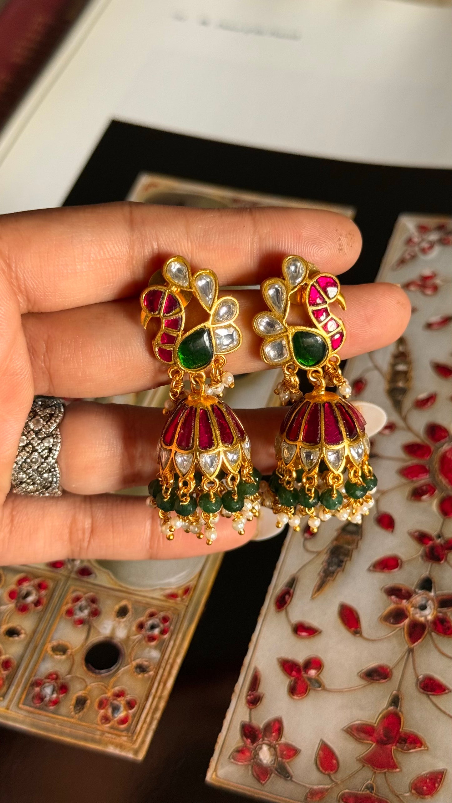 Rani pink & emerald peacock design jhumka