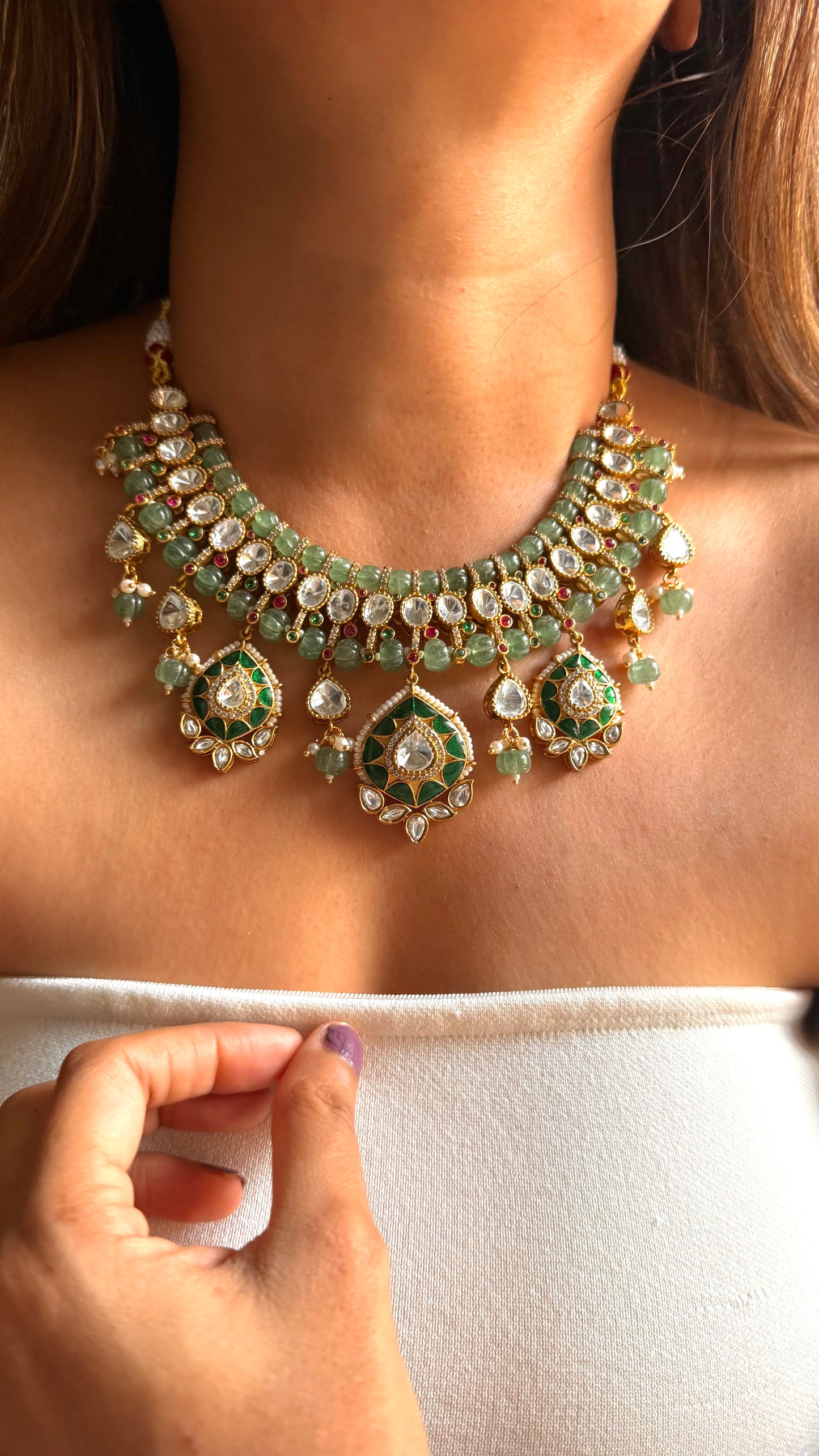 Mint rani pink doublet moissanite & emerald katdana collar set
