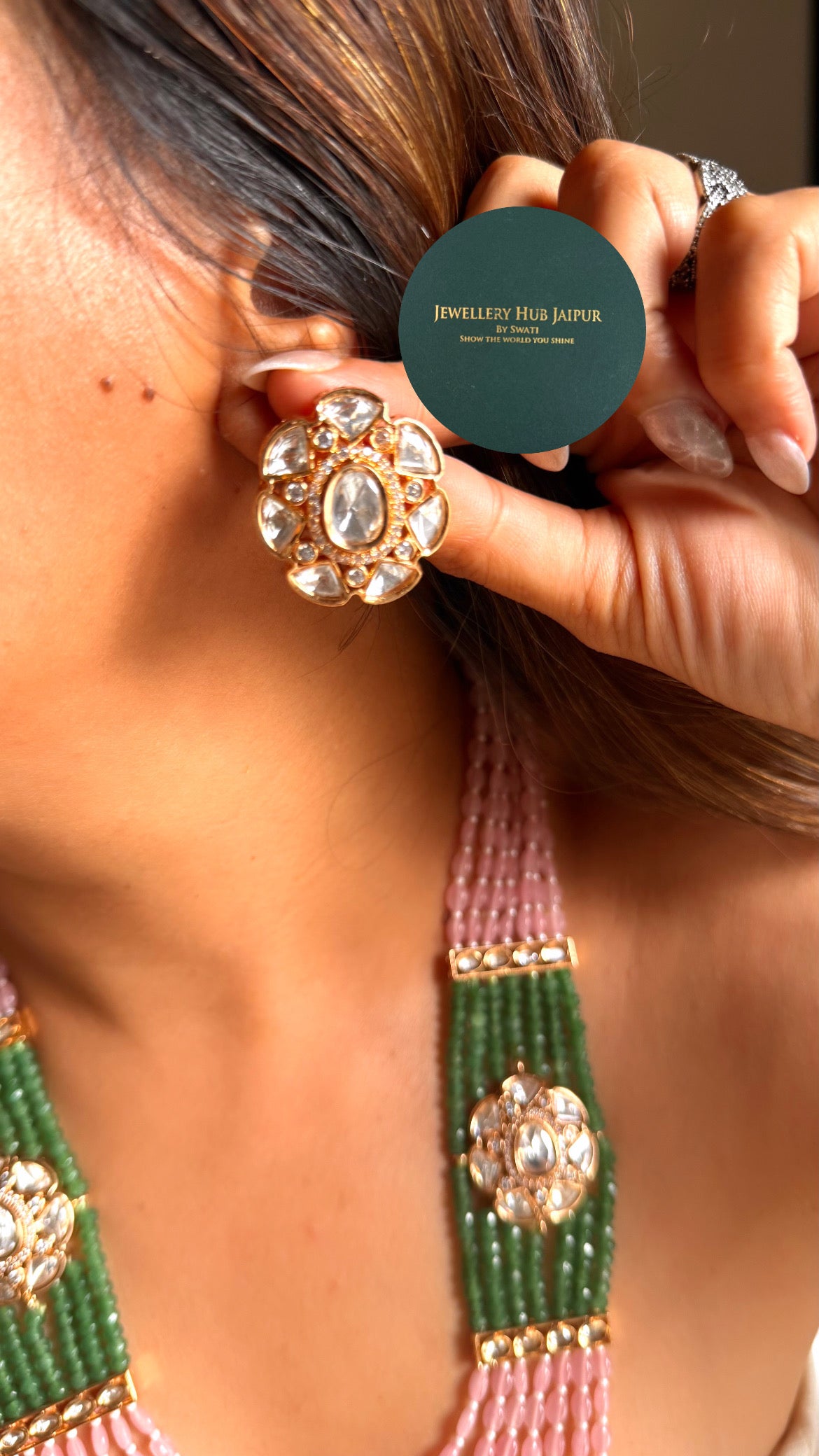 Rose quartz & emerald floral moissanite string