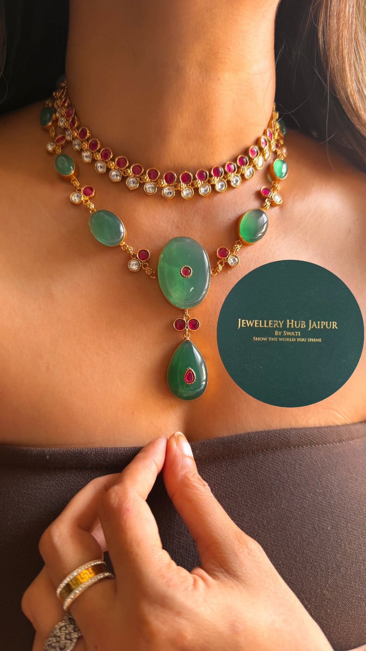 Amrapali inspired Natural stone Emerald & rani pink moissanite dual layer collar set