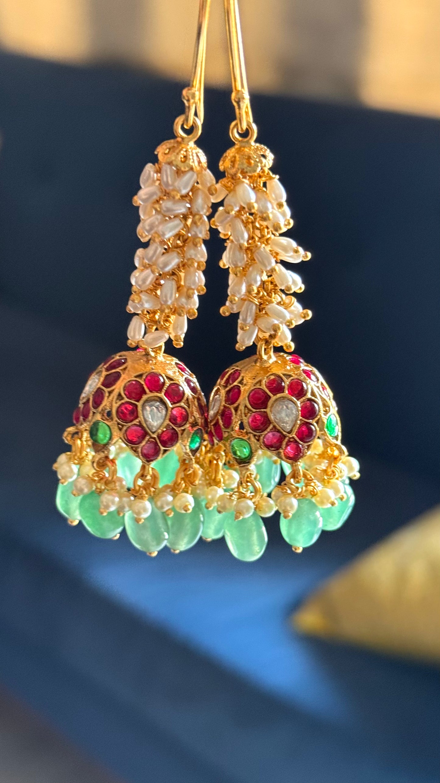 Rajwada ruby & emerald with white gajra earrings
