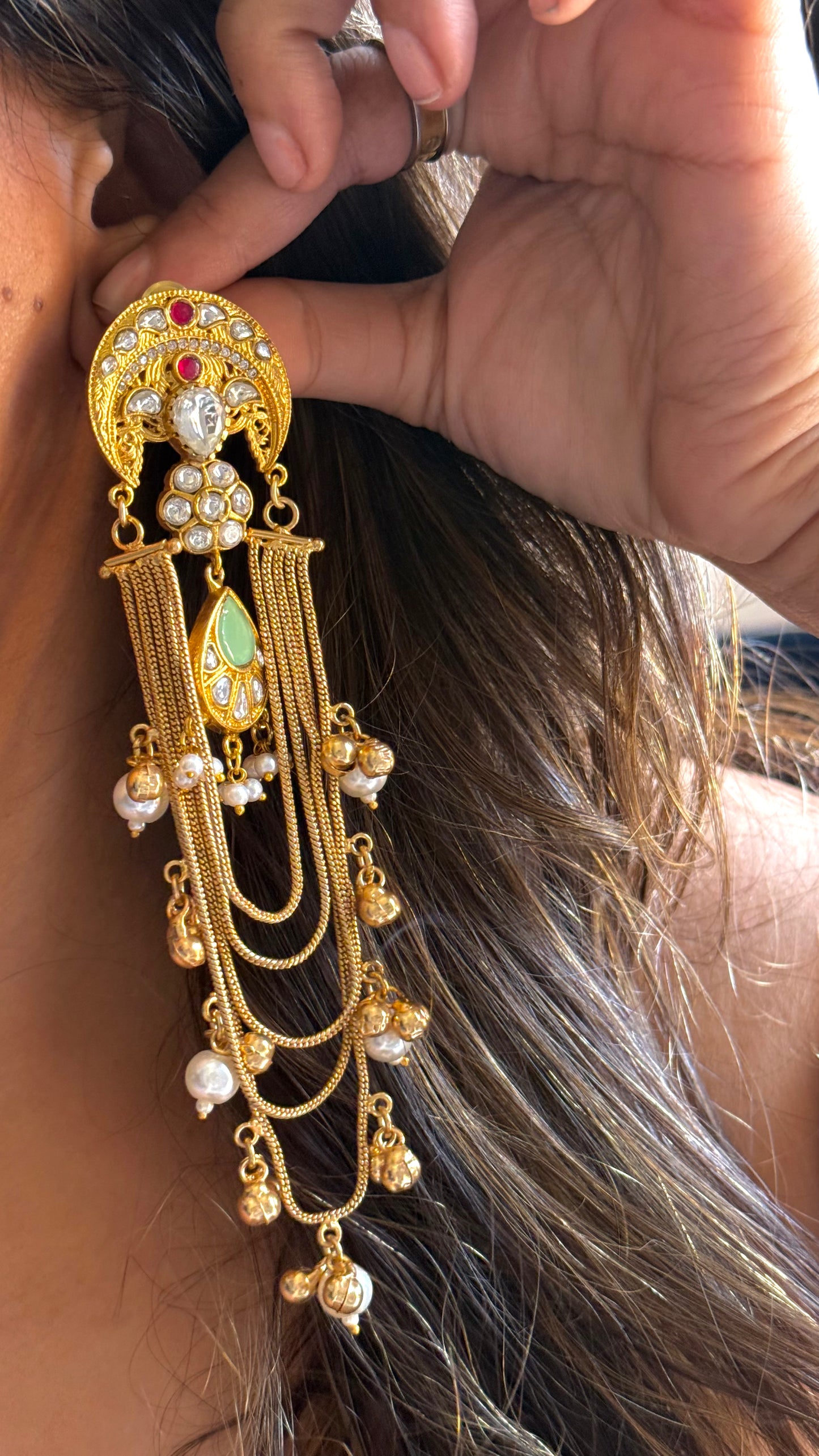 Amrapali inspired jhalar Danglers (red & mint)