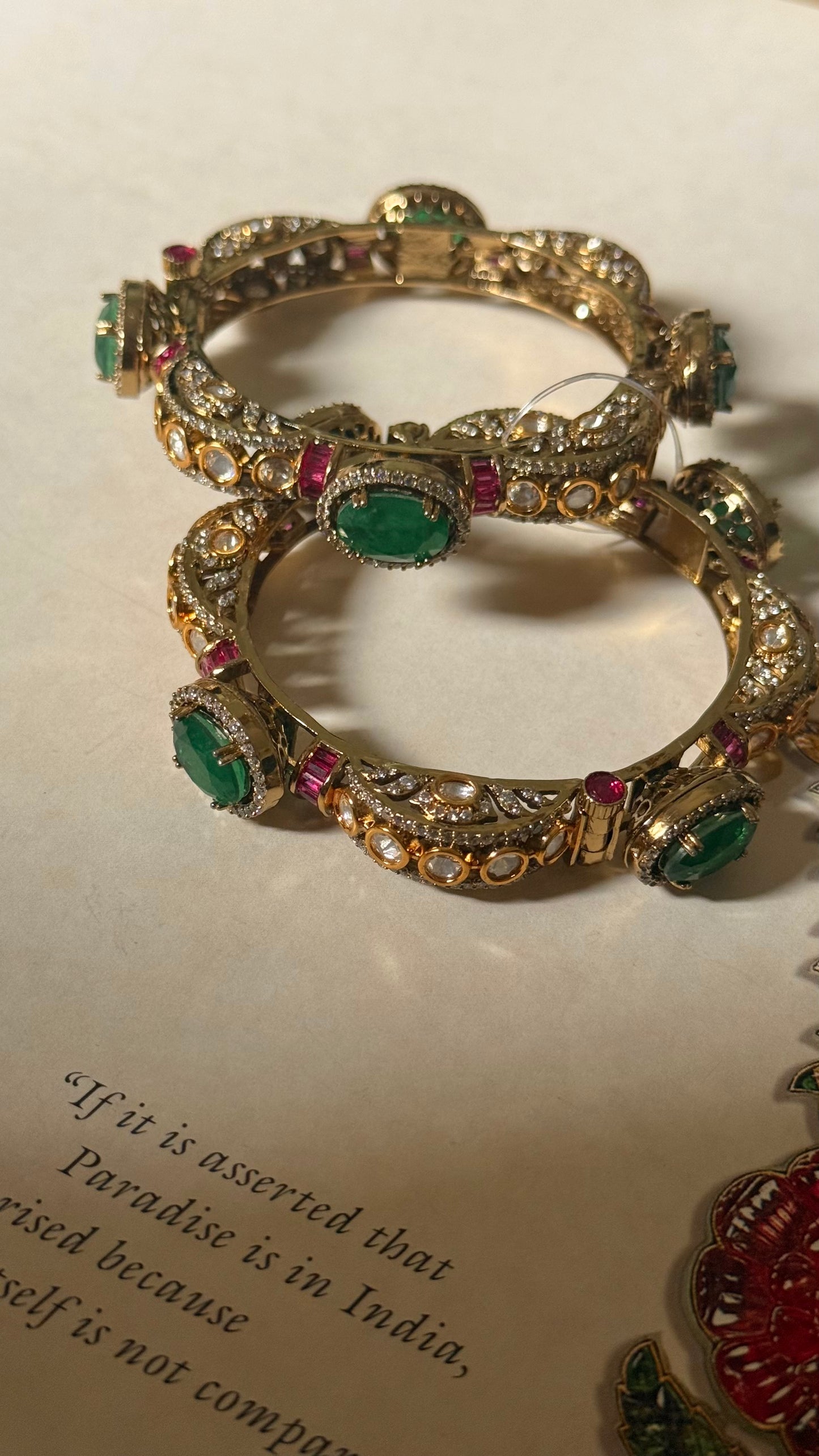 Emerald doublet & rani pink moissanite Victorian openable bangle