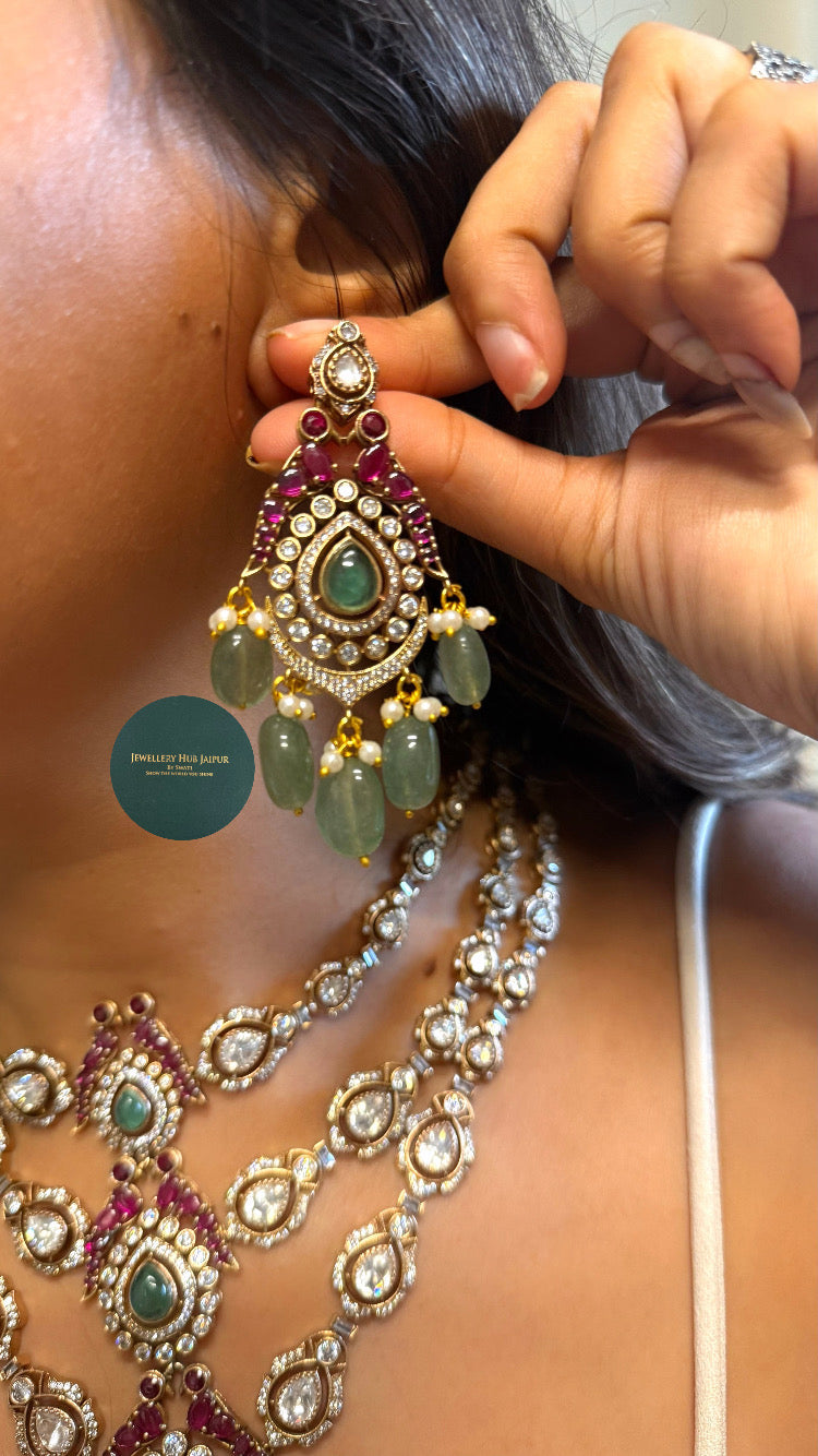 Mint doublet & Rani pink moissanite polka 3 layer with mint drop collar set