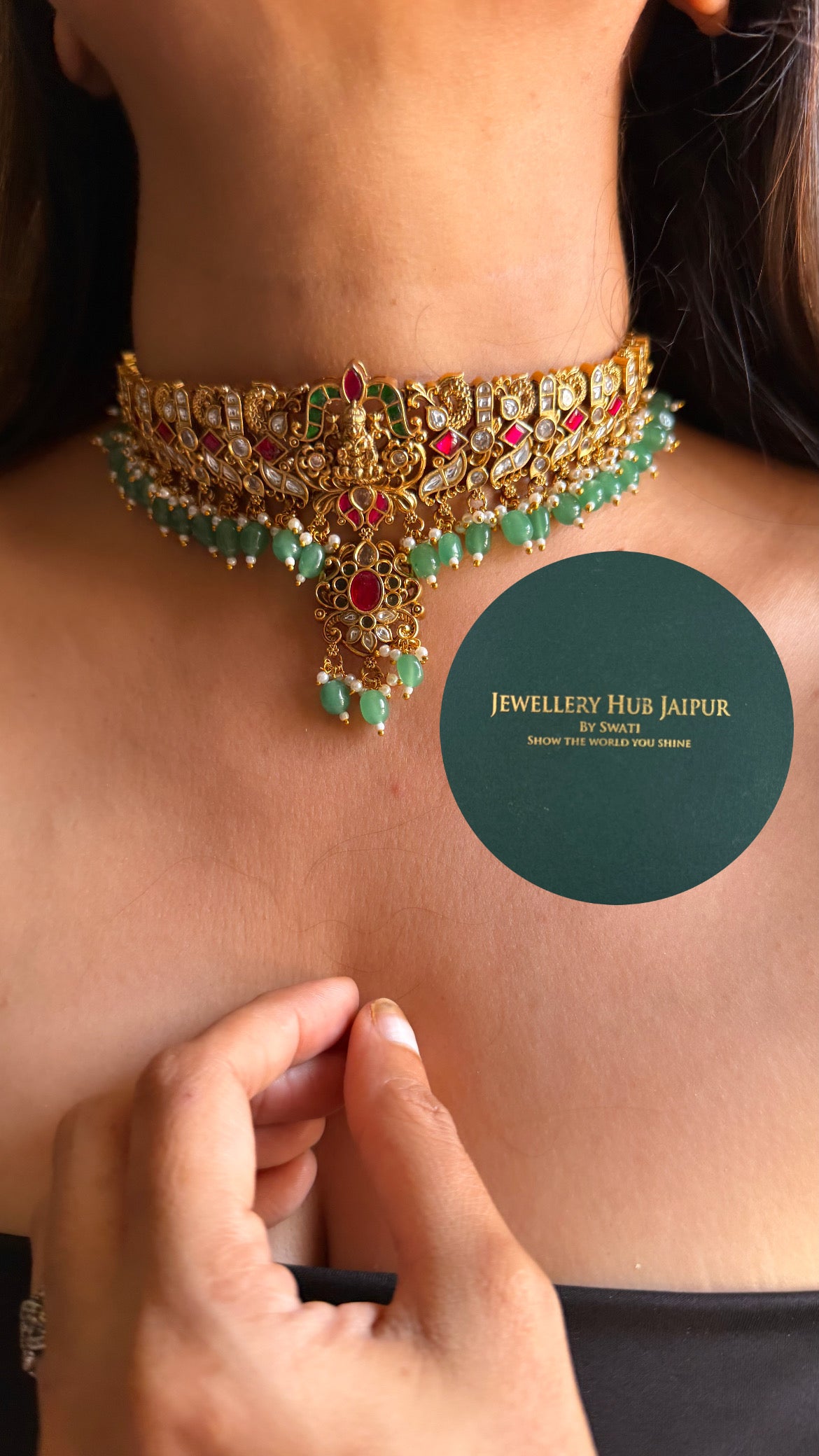 Goddess laxmi & rani pink & emerald with mint drop temple choker set