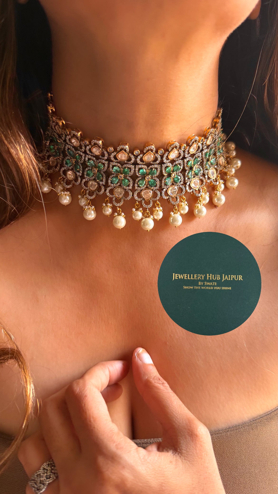 Real uncut moissanite polki & mint Swarovski with pearl drop choker set