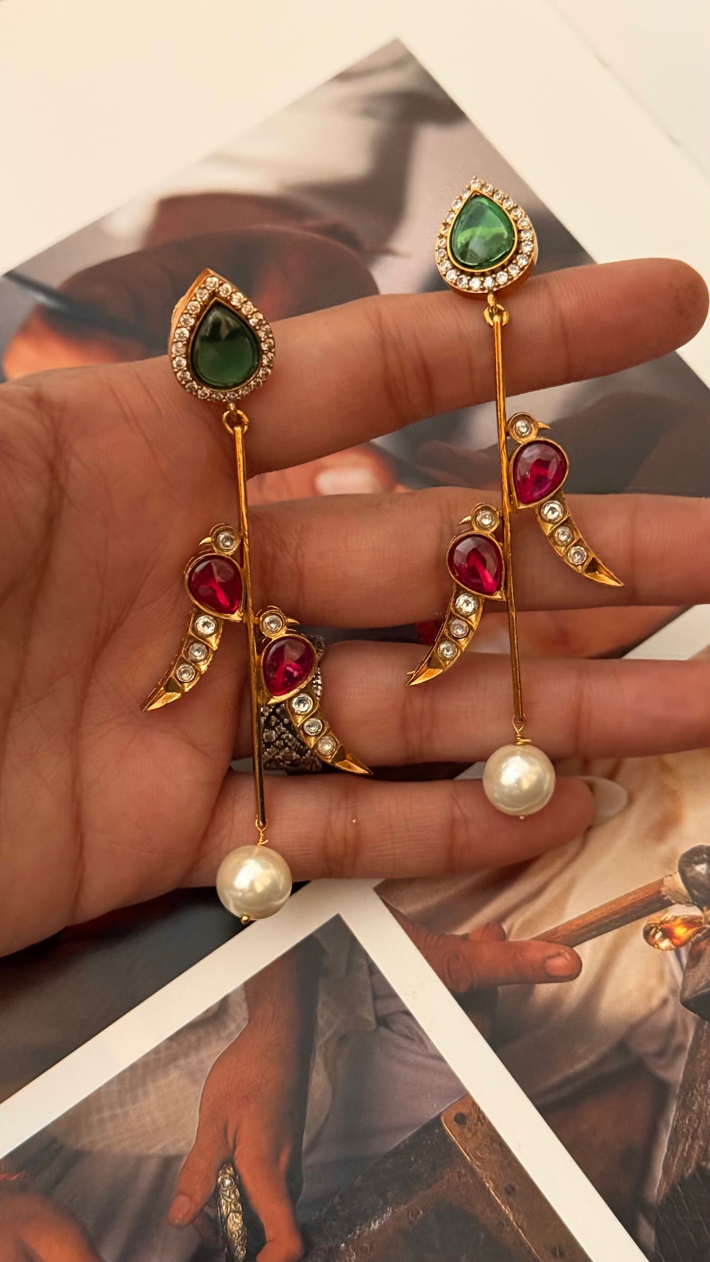 Emerald & rani pink peacock earrings