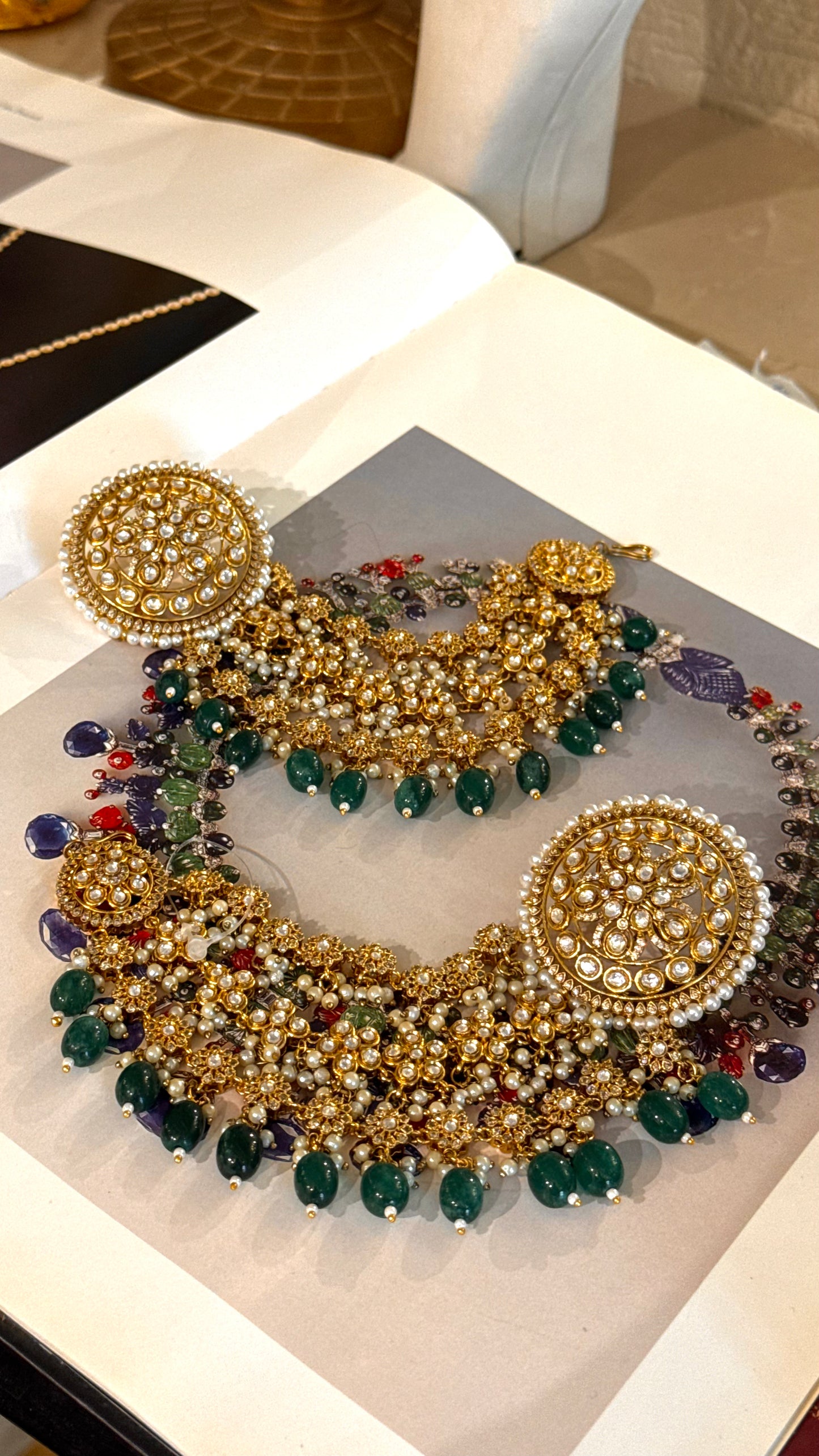 Statement polki studs with attached ear chain