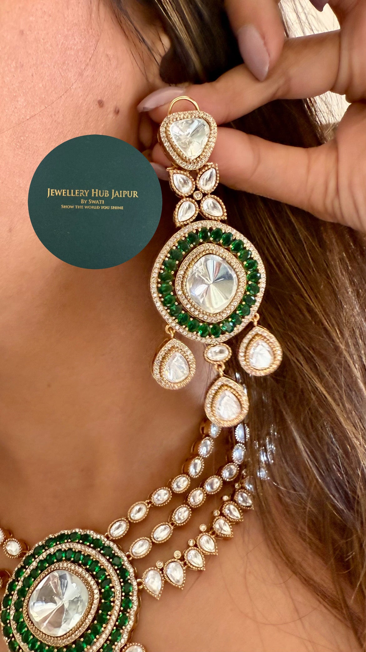 Emerald moissanite polki drop triple layered collar necklace