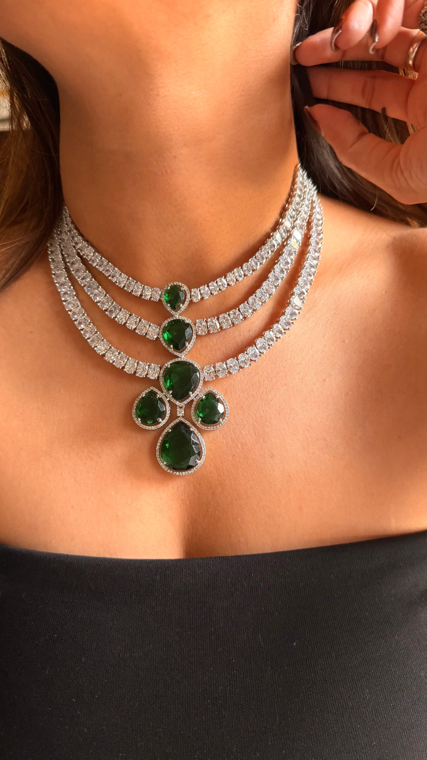 Emerald triple layer cz diamond necklace
