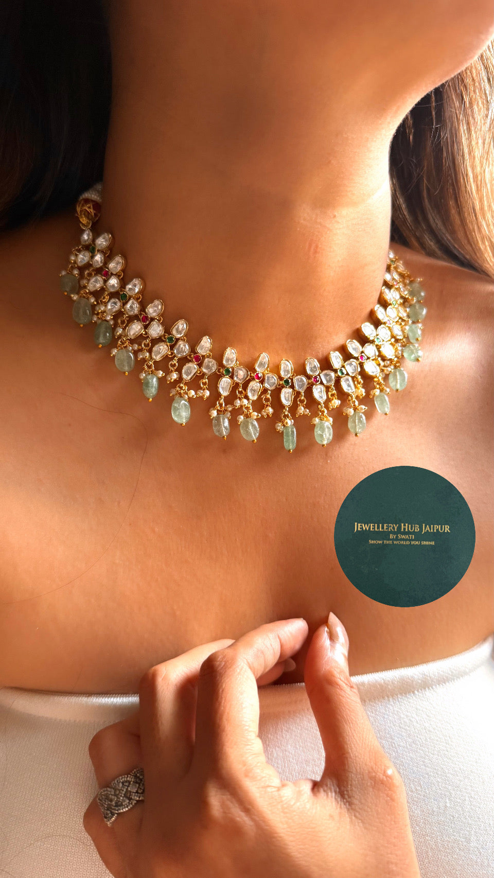 Real Moissanite Rani pink & emerald Moissanite polki floral set