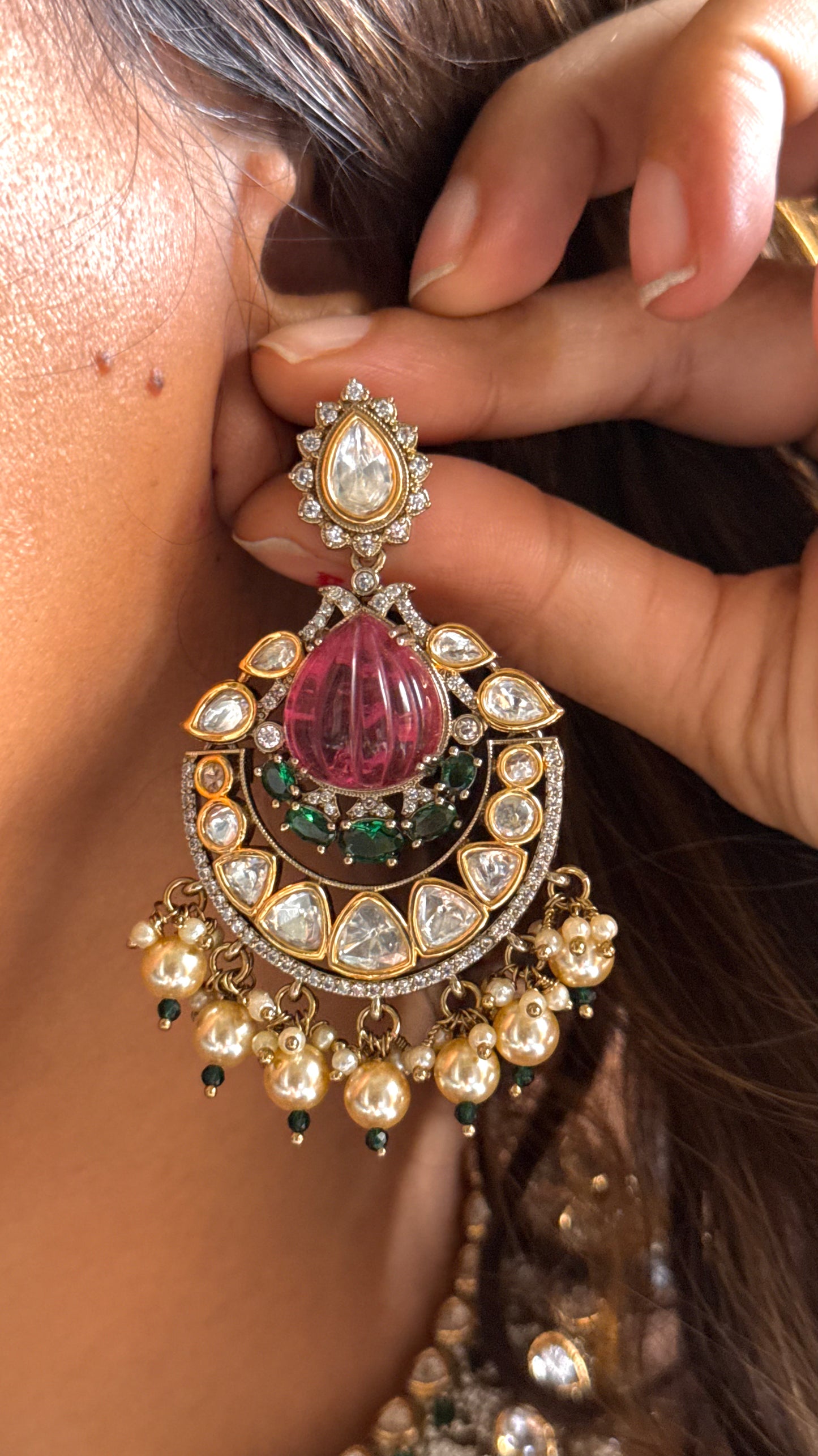 Amethyst rose & emerald polki statement necklace with pearl drop detailing