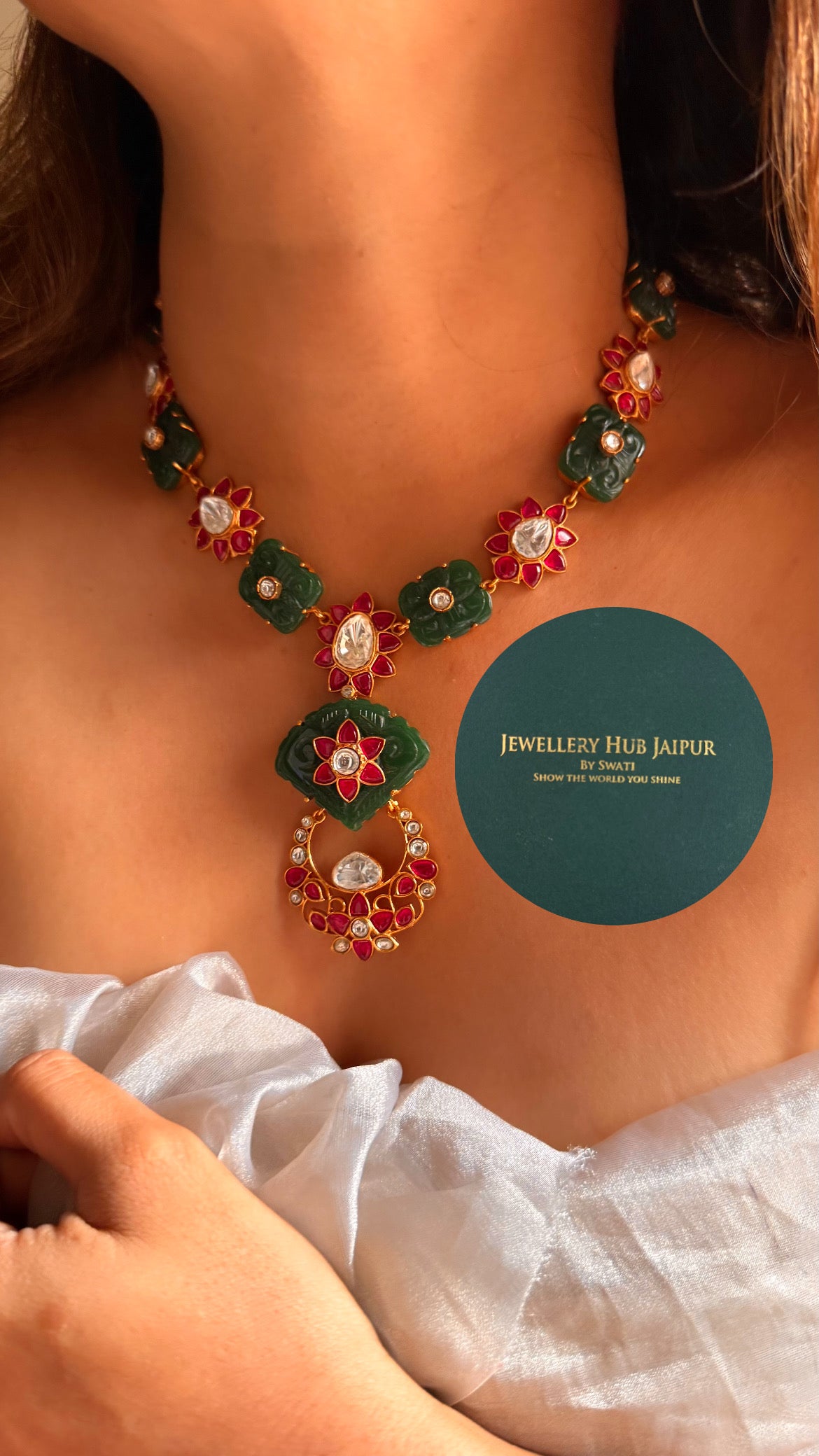 Amrapali inspired Natural stone Emerald with rani pink floral inlay collar set
