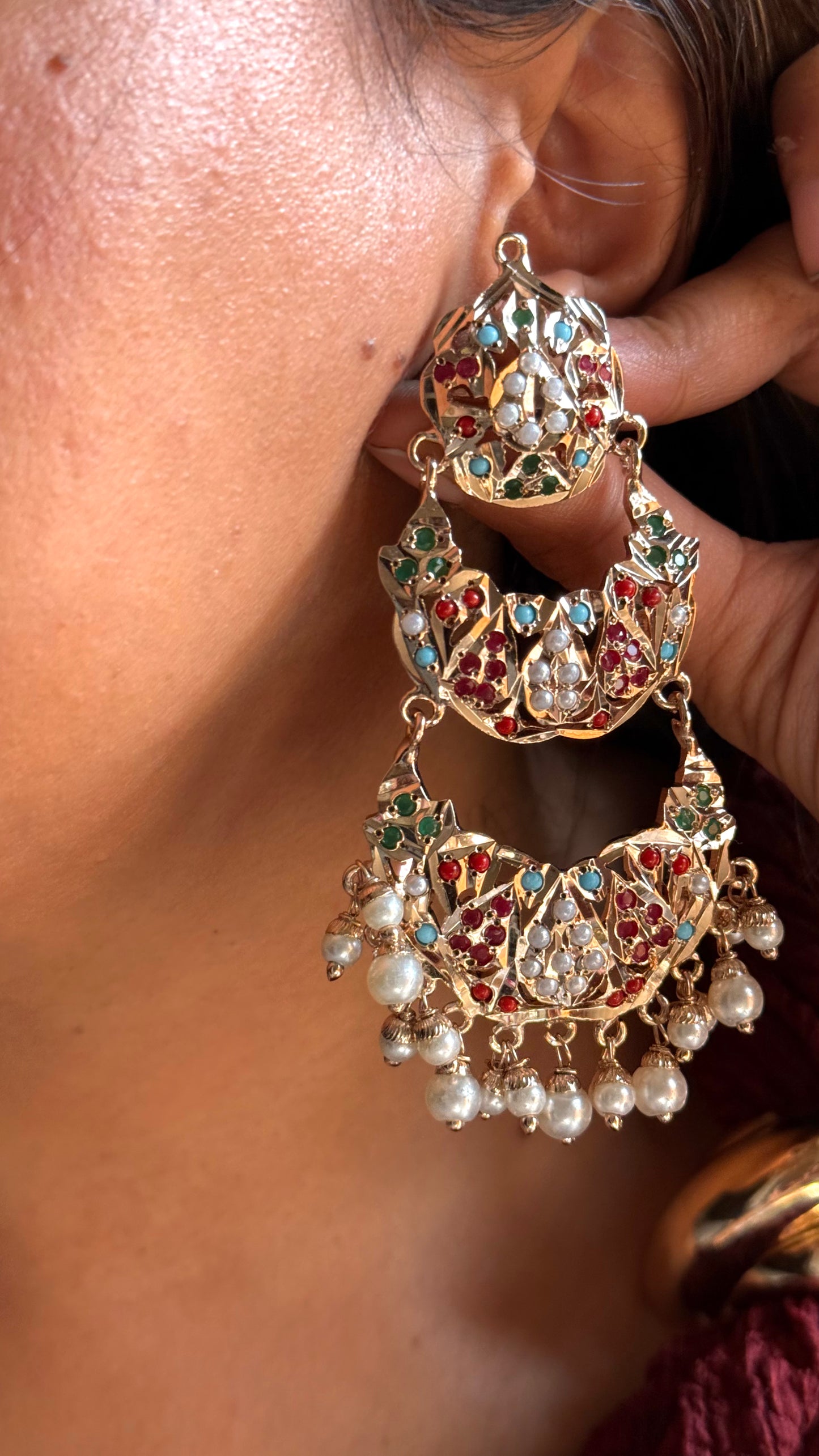 Navratna inspired jadau triple layer chandbali