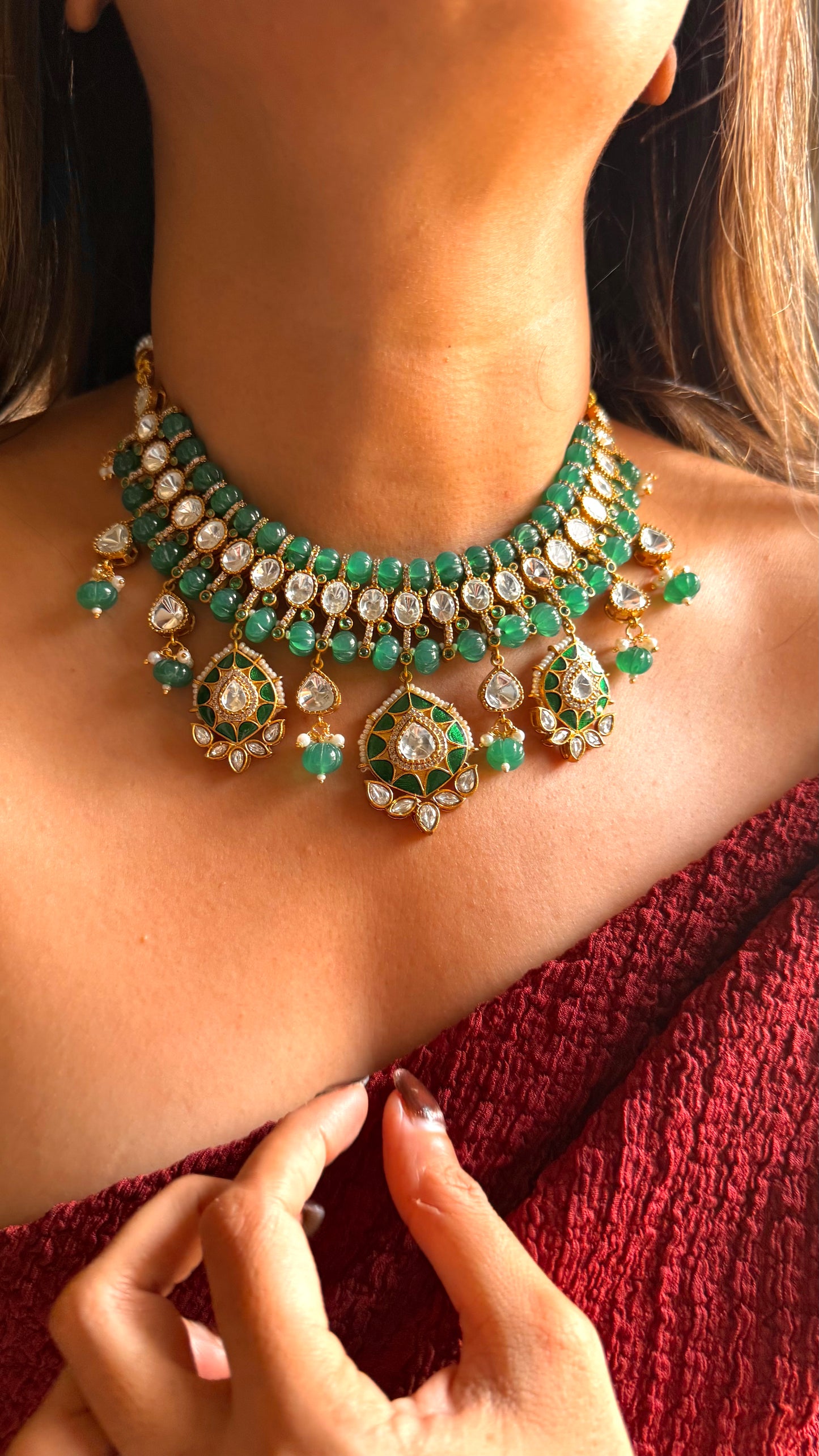 Emerald doublet moissanite & emerald katdana set