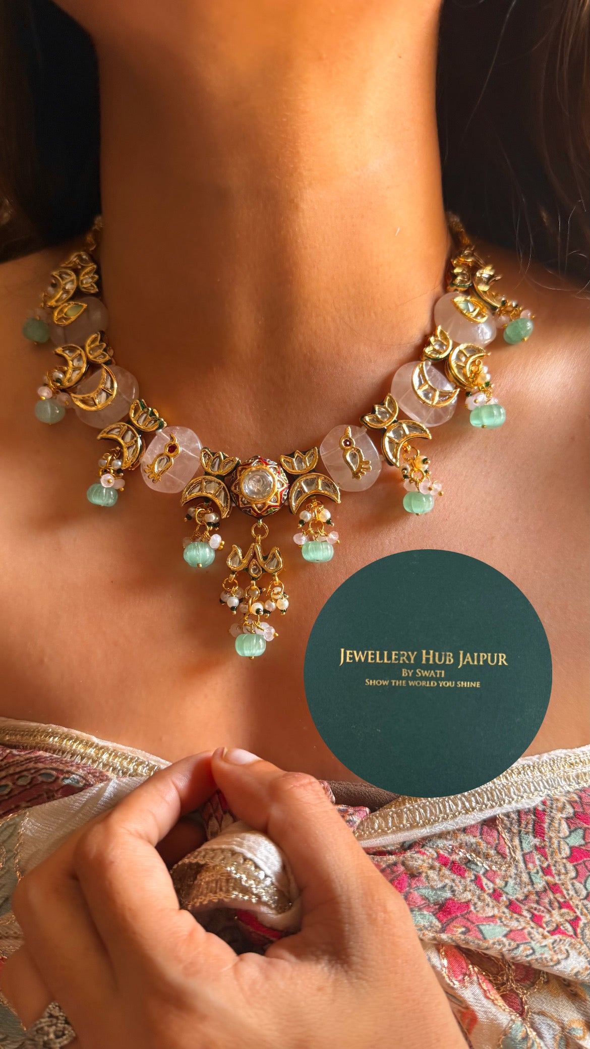 Rose quartz inlay work with mint drop & paachi collar set