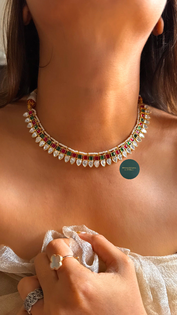 Minimalist real moissanite emerald & ruby collar necklace