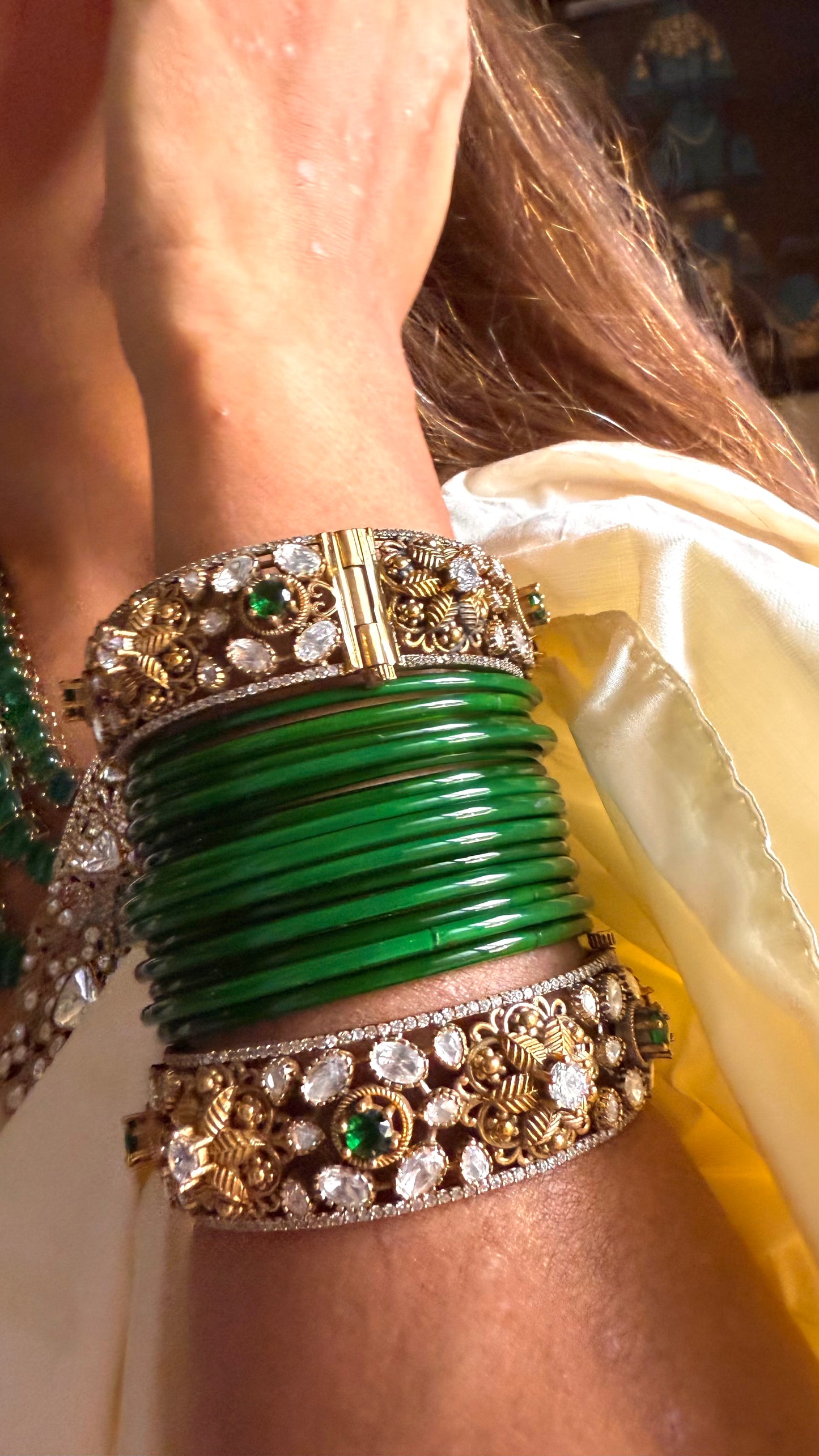 Emerald popped floral designer moissanite bangles