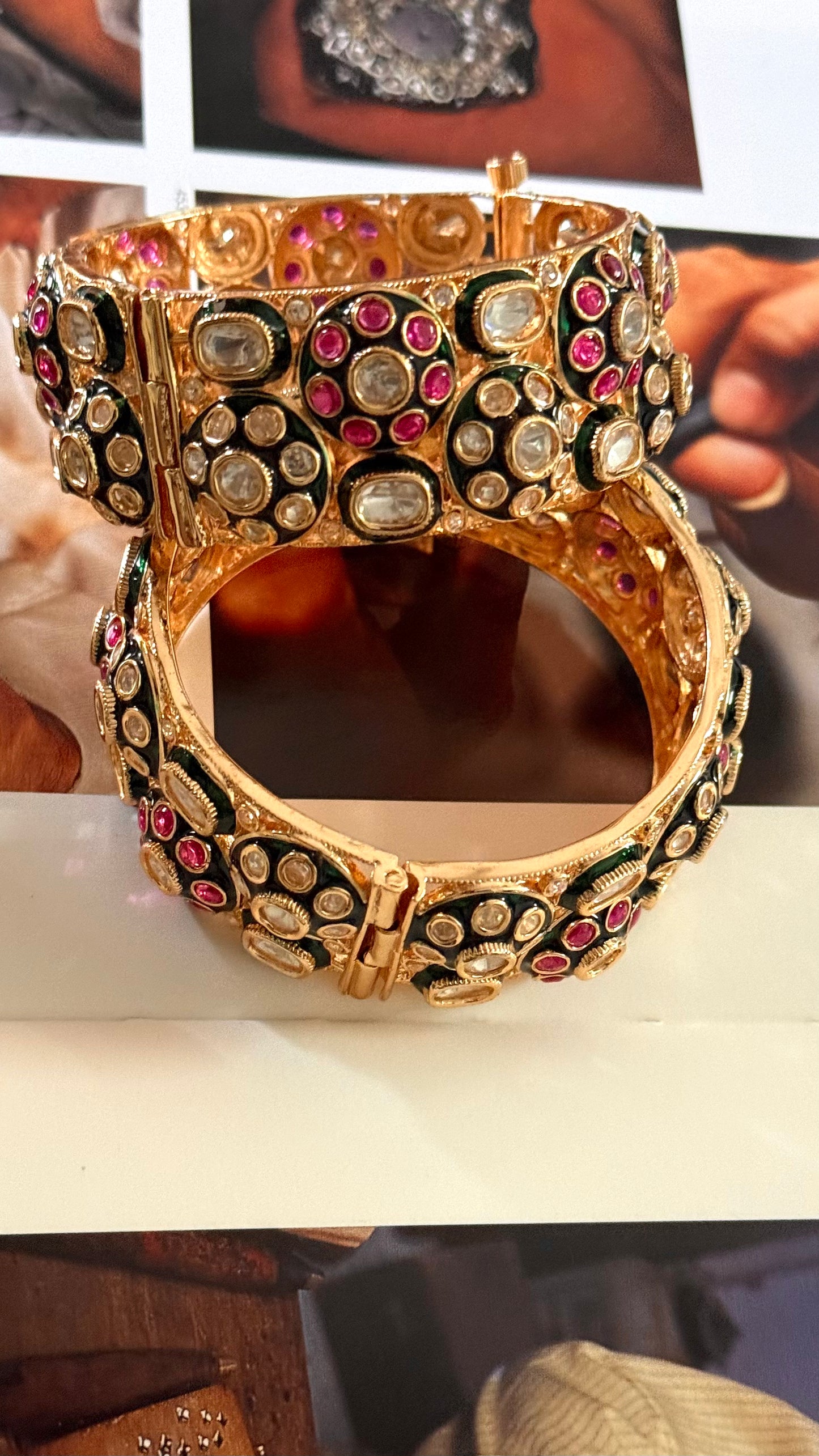 Emerald meenakari & rani pink floral polki openable bangle