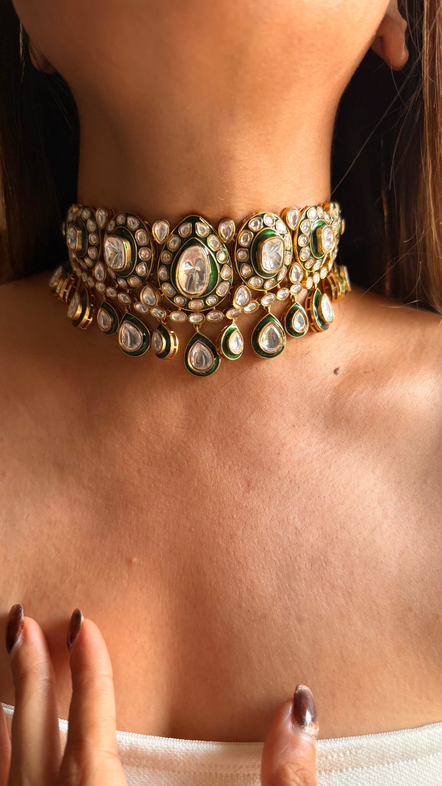 Meenakari Emerald uncut polki choker necklace