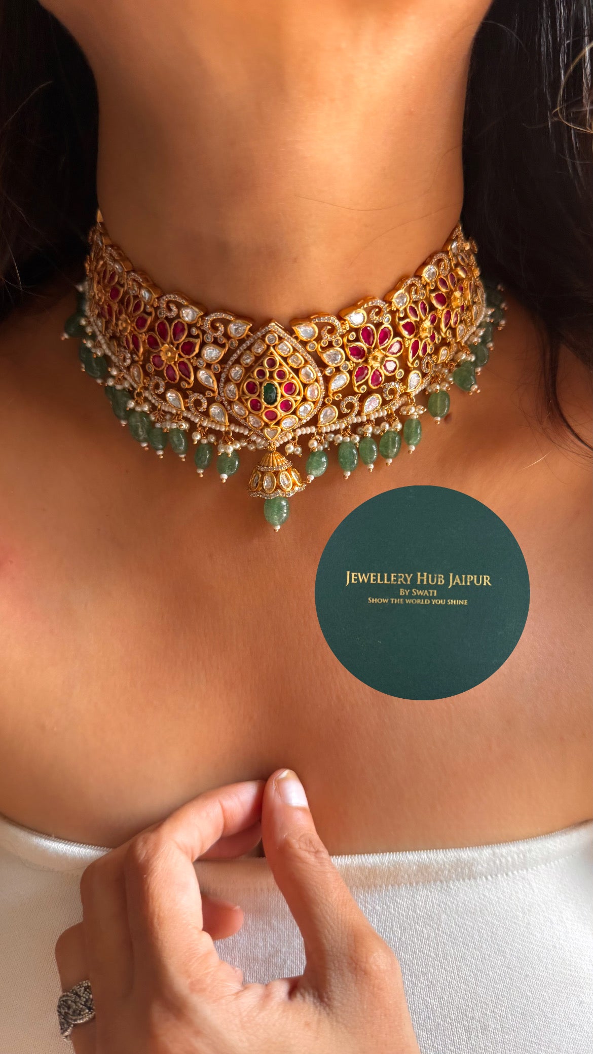 Emerald & ruby floral design with mint drop rajwada choker set