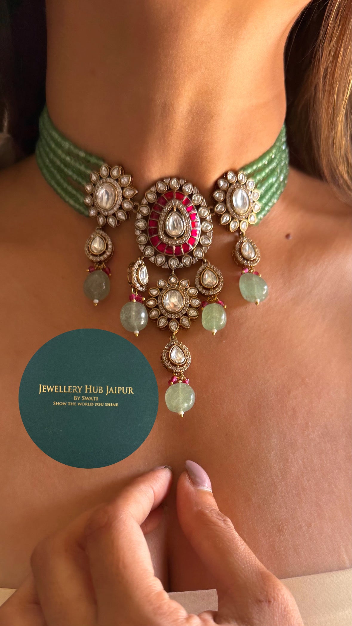 Riva Ruby moissanite polki & mint drop choker