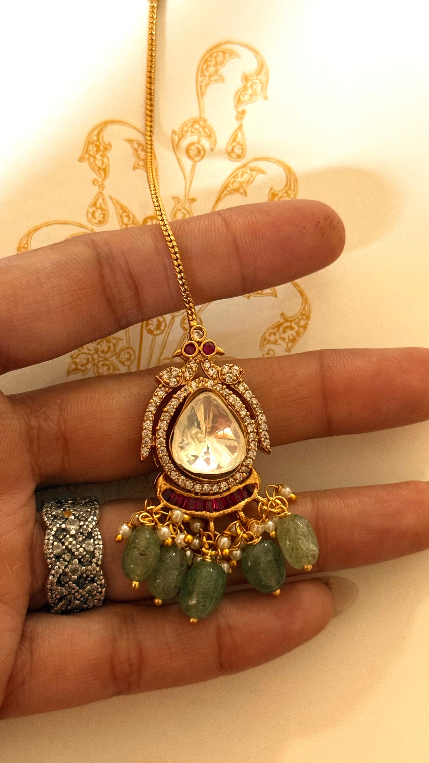 Polki with mint drop & rani pink katdana maangtika