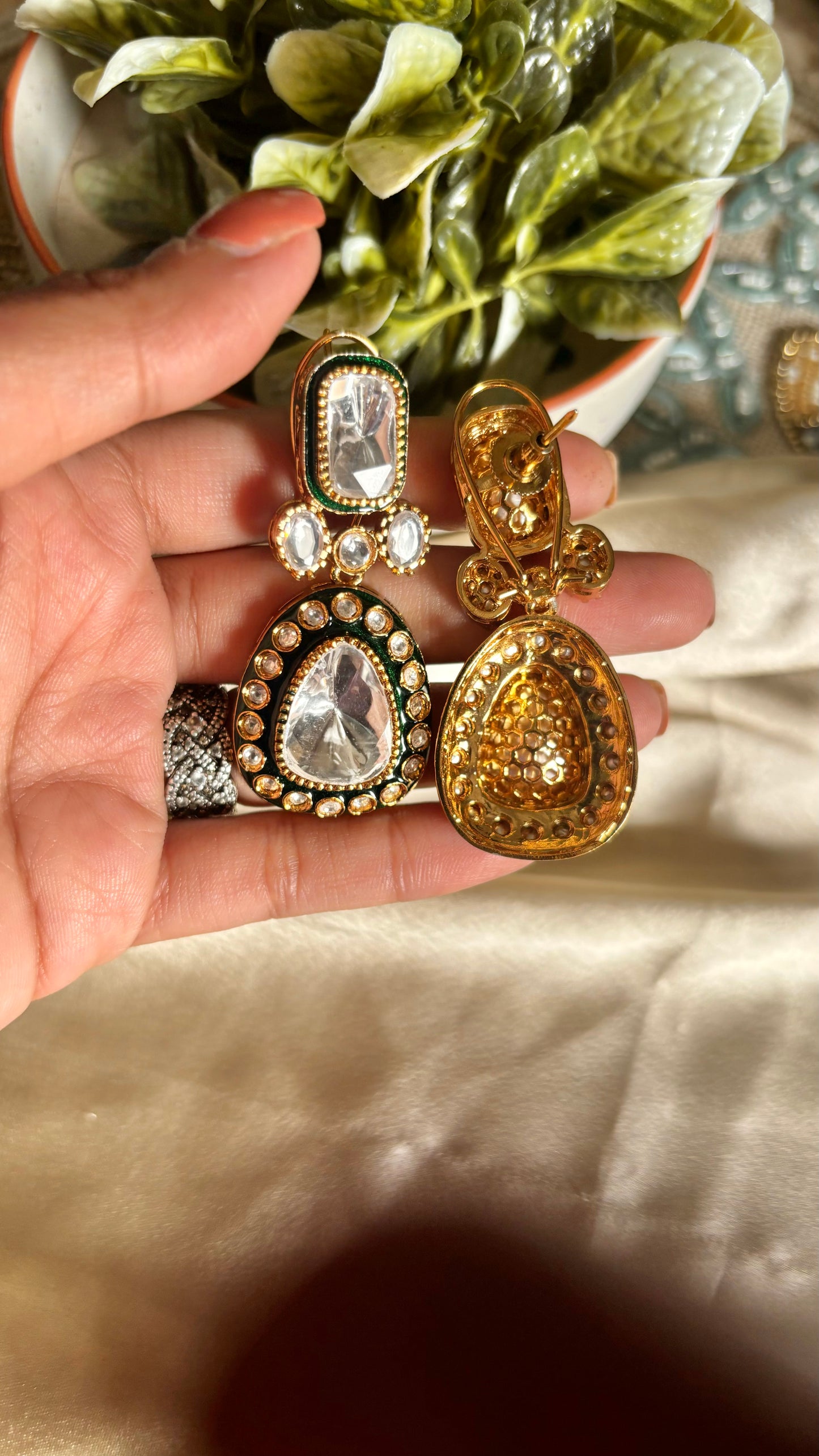 Emerald polki danglers with back clip