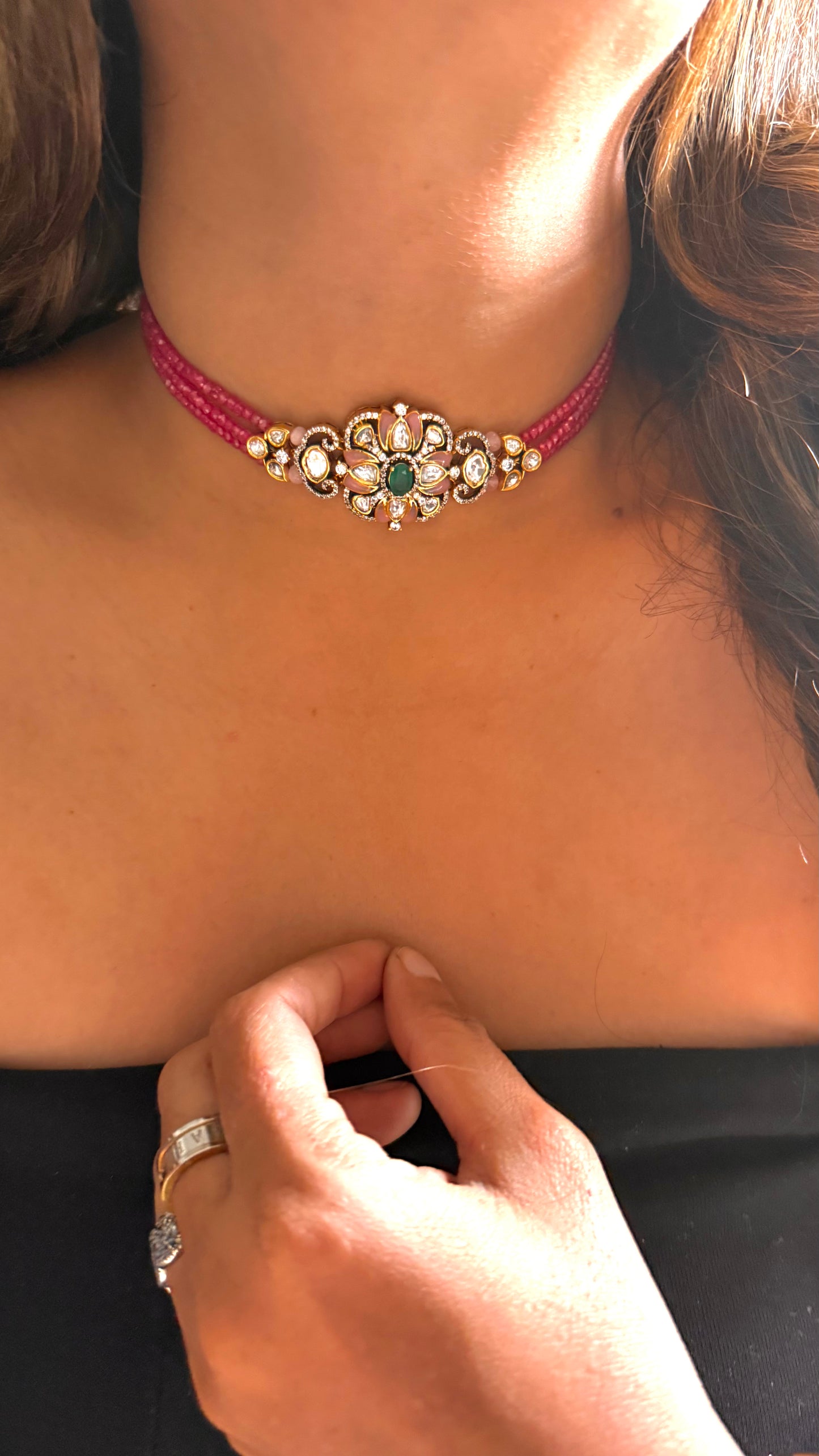 Ruby pink & emerald Moissanite choker