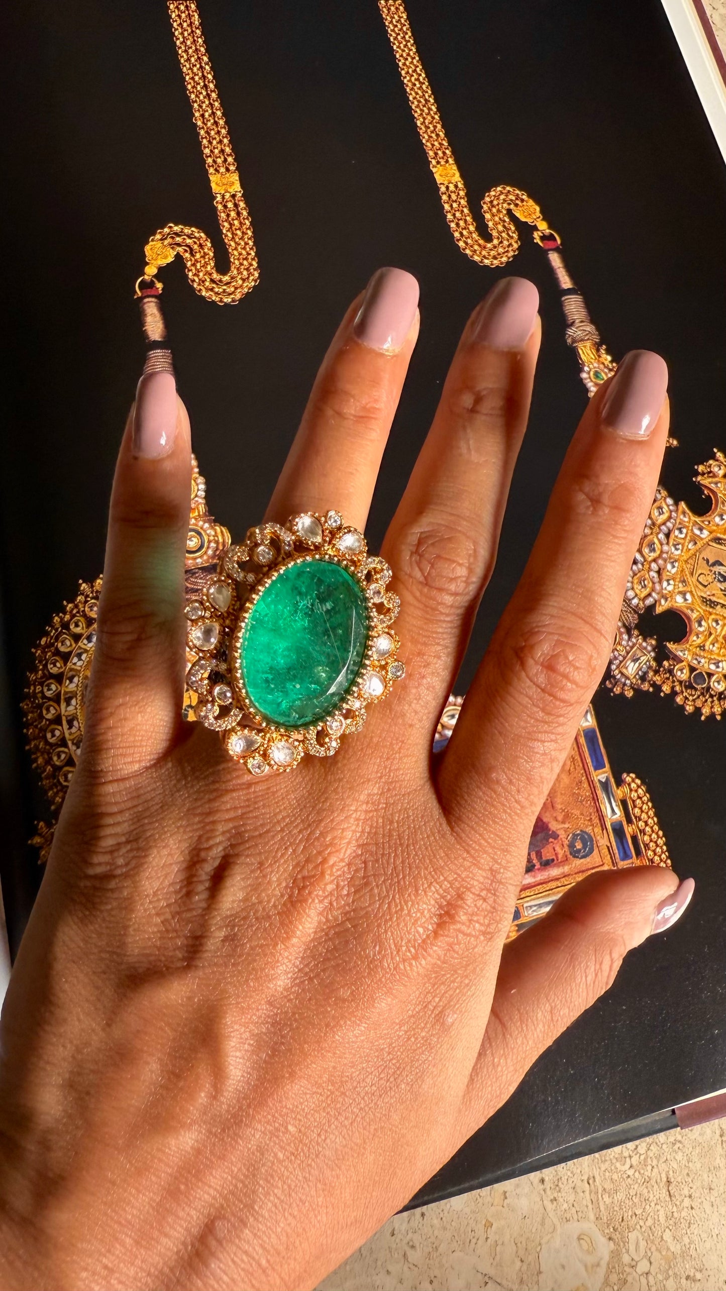 Emerald moissanite golden adjustable ring