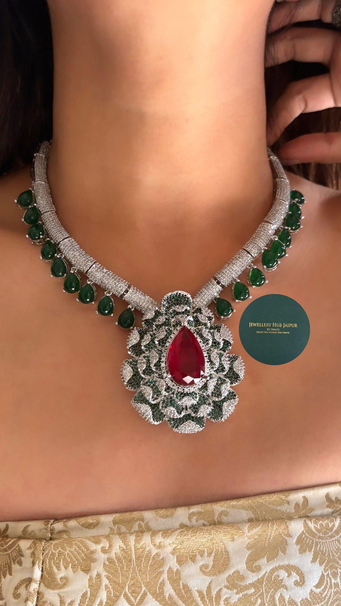 Cocktail Ruby & Cz Bridal Asia Necklace set with earrings
