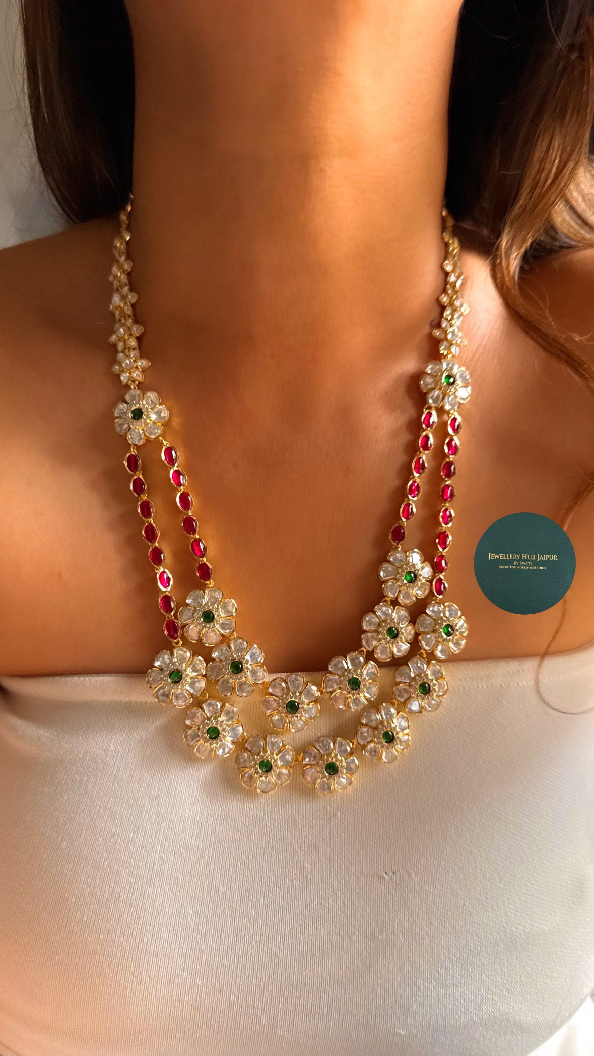 Emerald & rani pink dual layer real moissanite floral set
