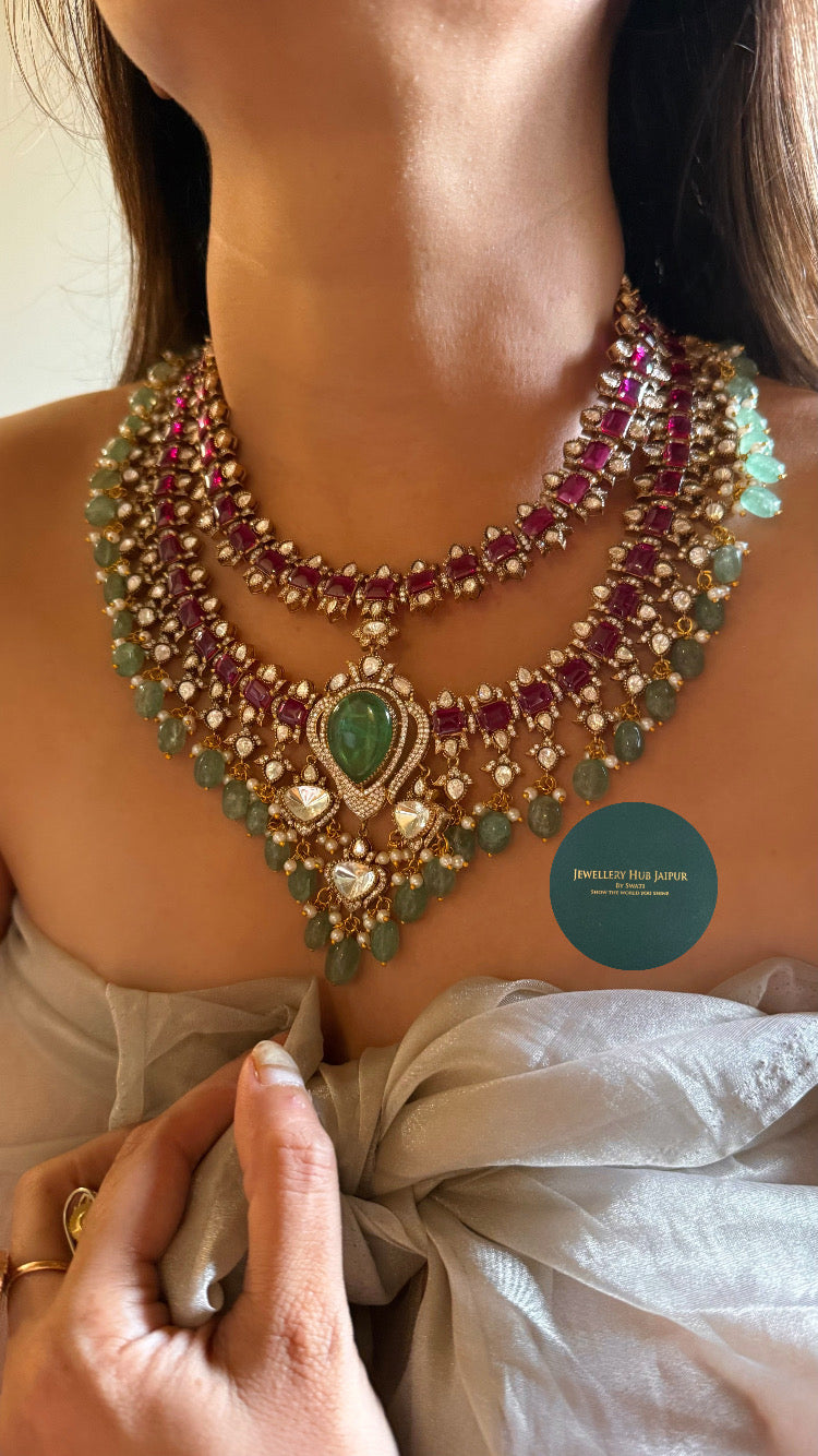 Emerald doublet and Rani pink double layer collar set