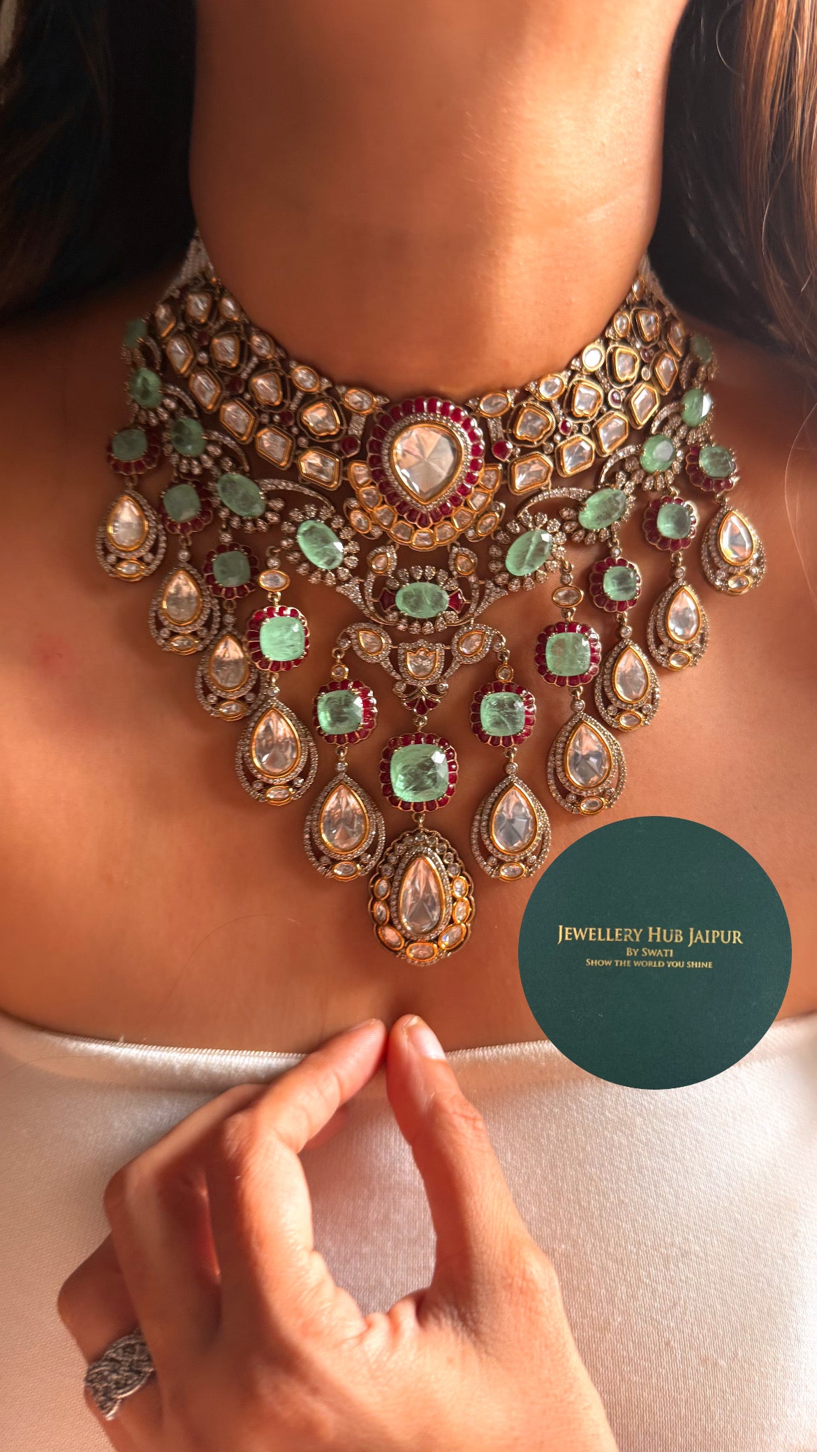 Mint doublet & rani pink moissanite uncut polki bridal choker set