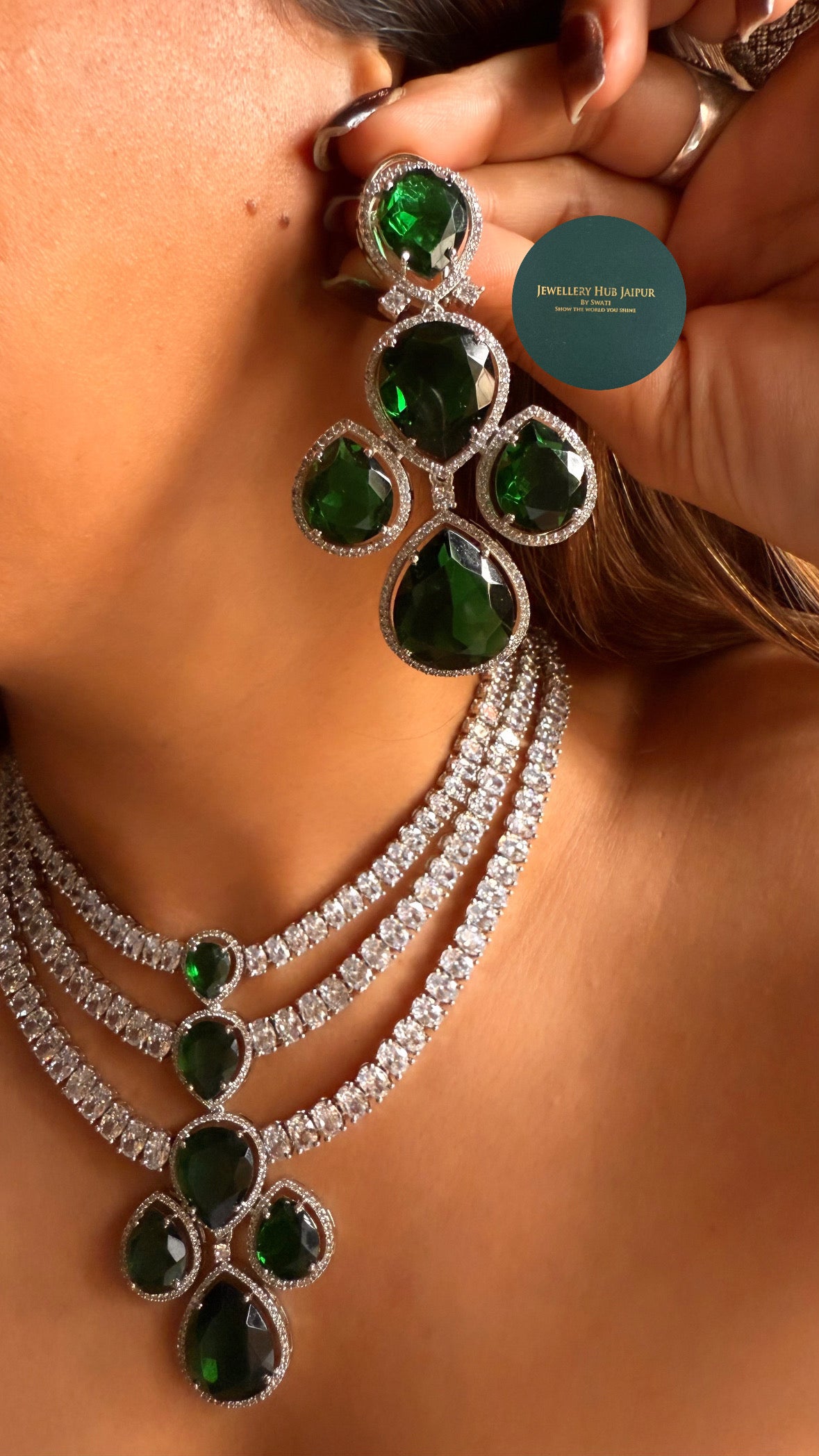 Emerald triple layer cz diamond necklace
