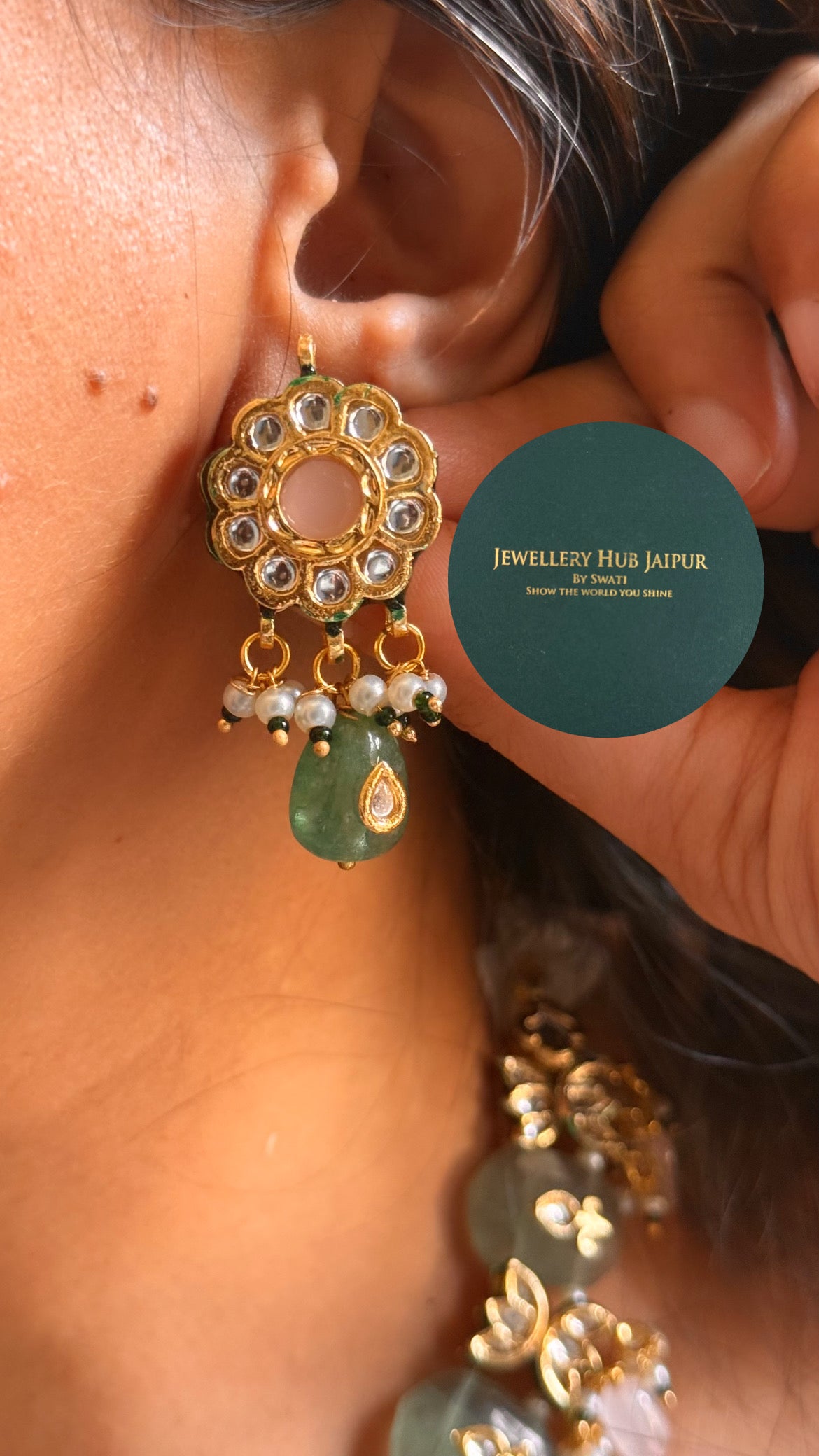 Mint inlay work with rose quartz & emerald drops & emerald meenakari paachi collar set