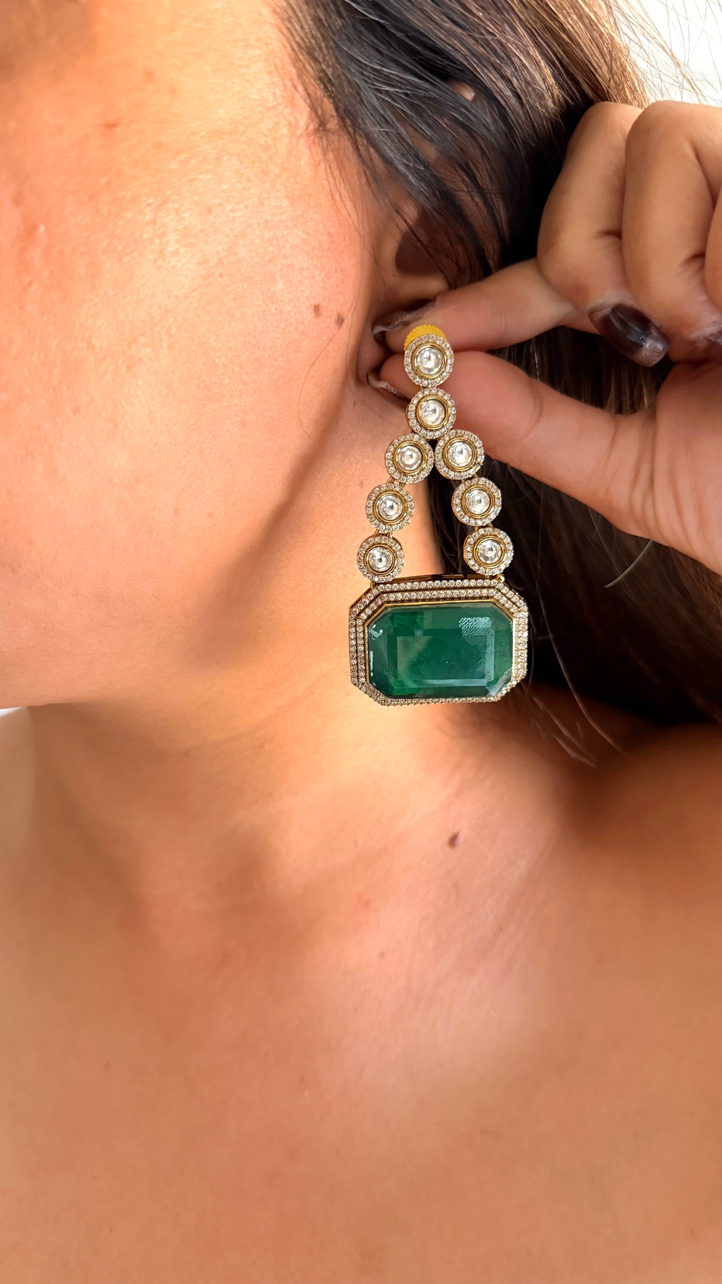 Chitra Emerald doublet moissanite triple layer necklace