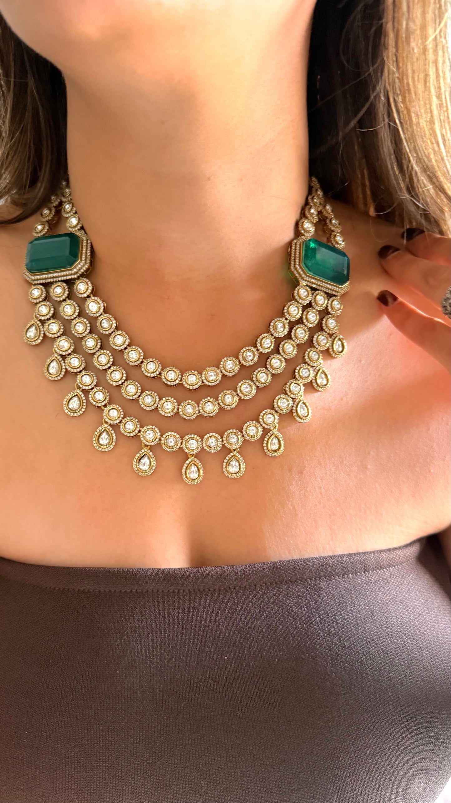 Chitra Emerald doublet moissanite triple layer necklace