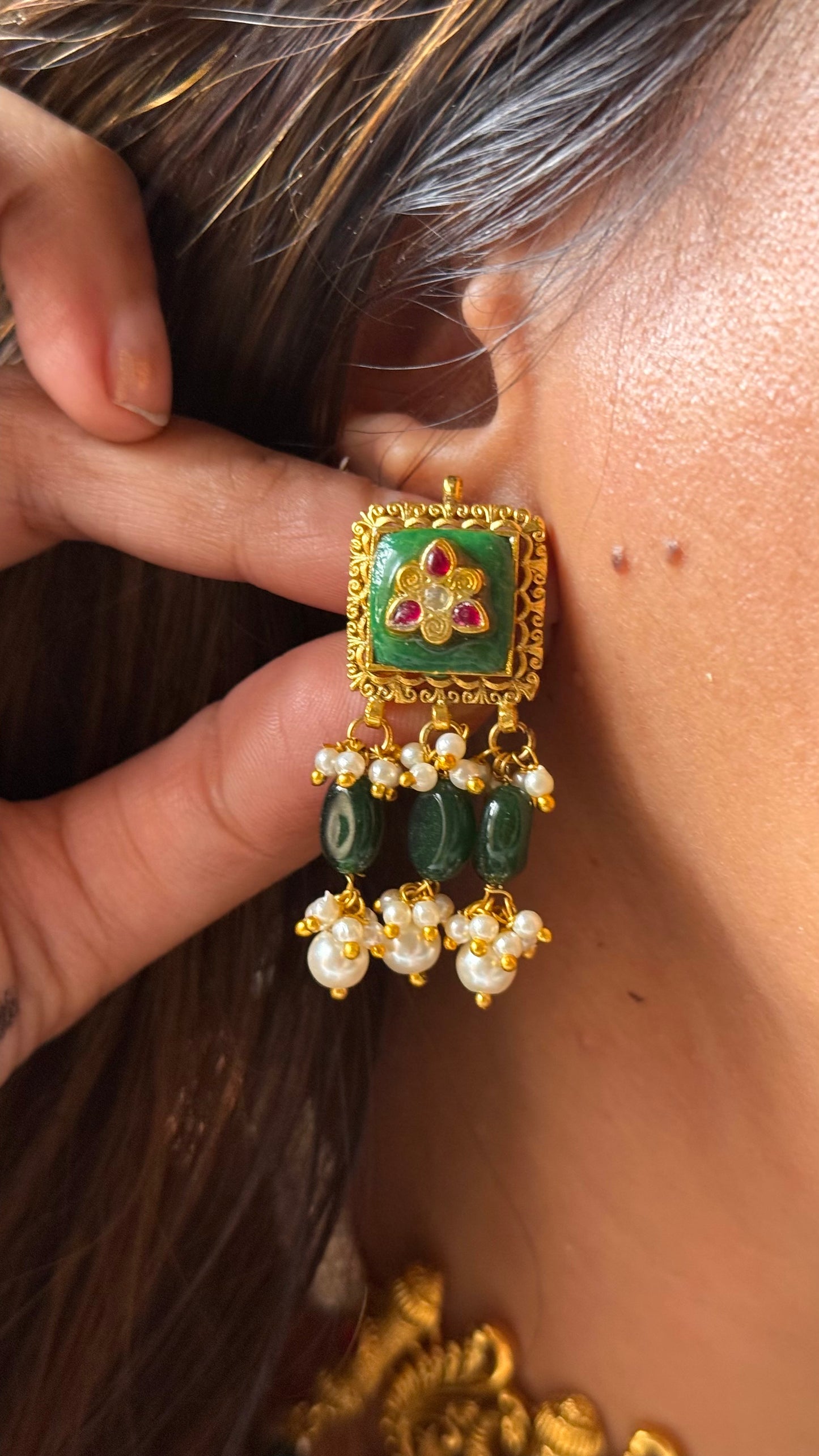 Emerald with peacock inspired antique gold Coker necklace