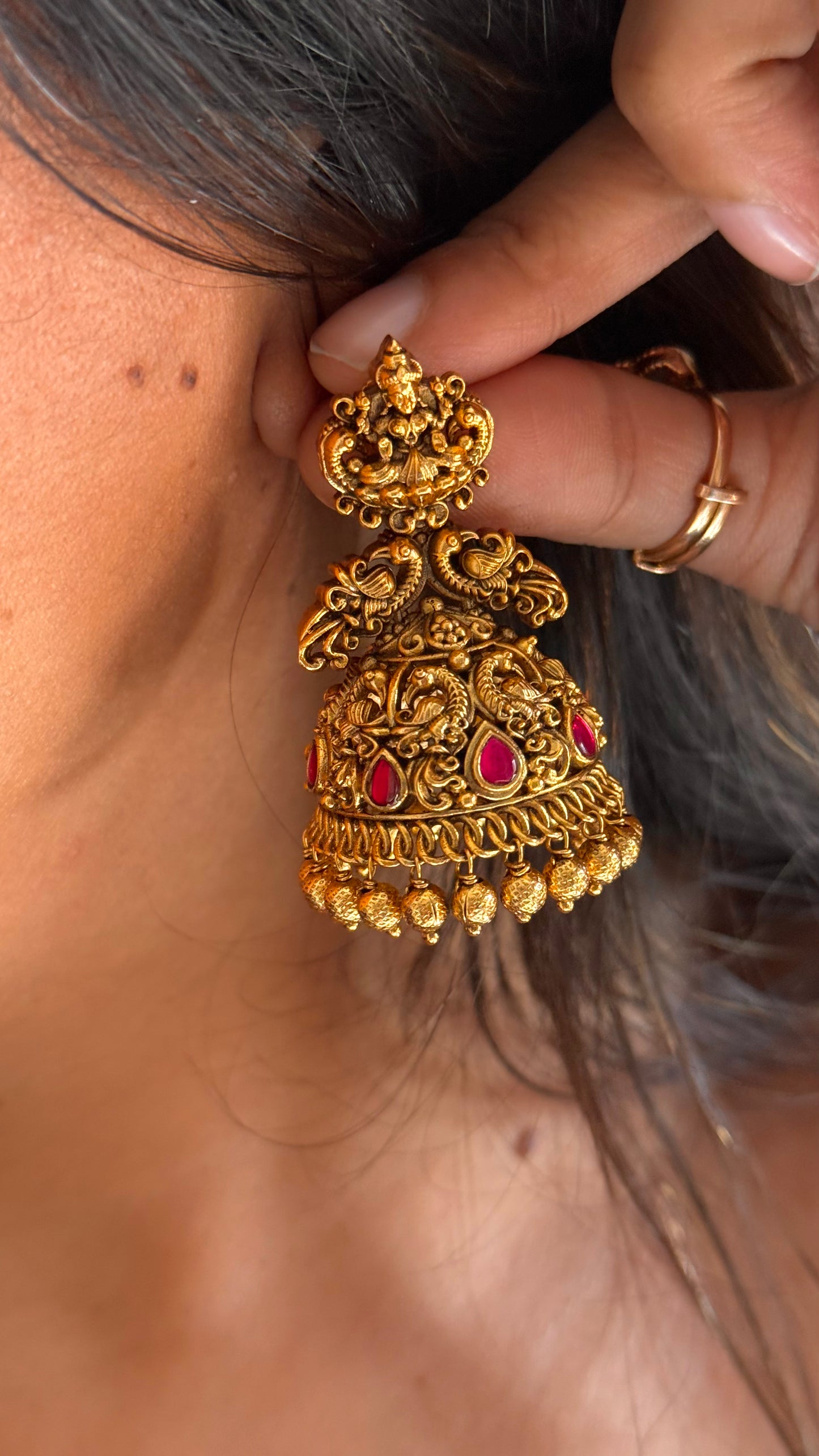 Goddess Laxmi Rani pink ruby temple Jhumki with gold dropping