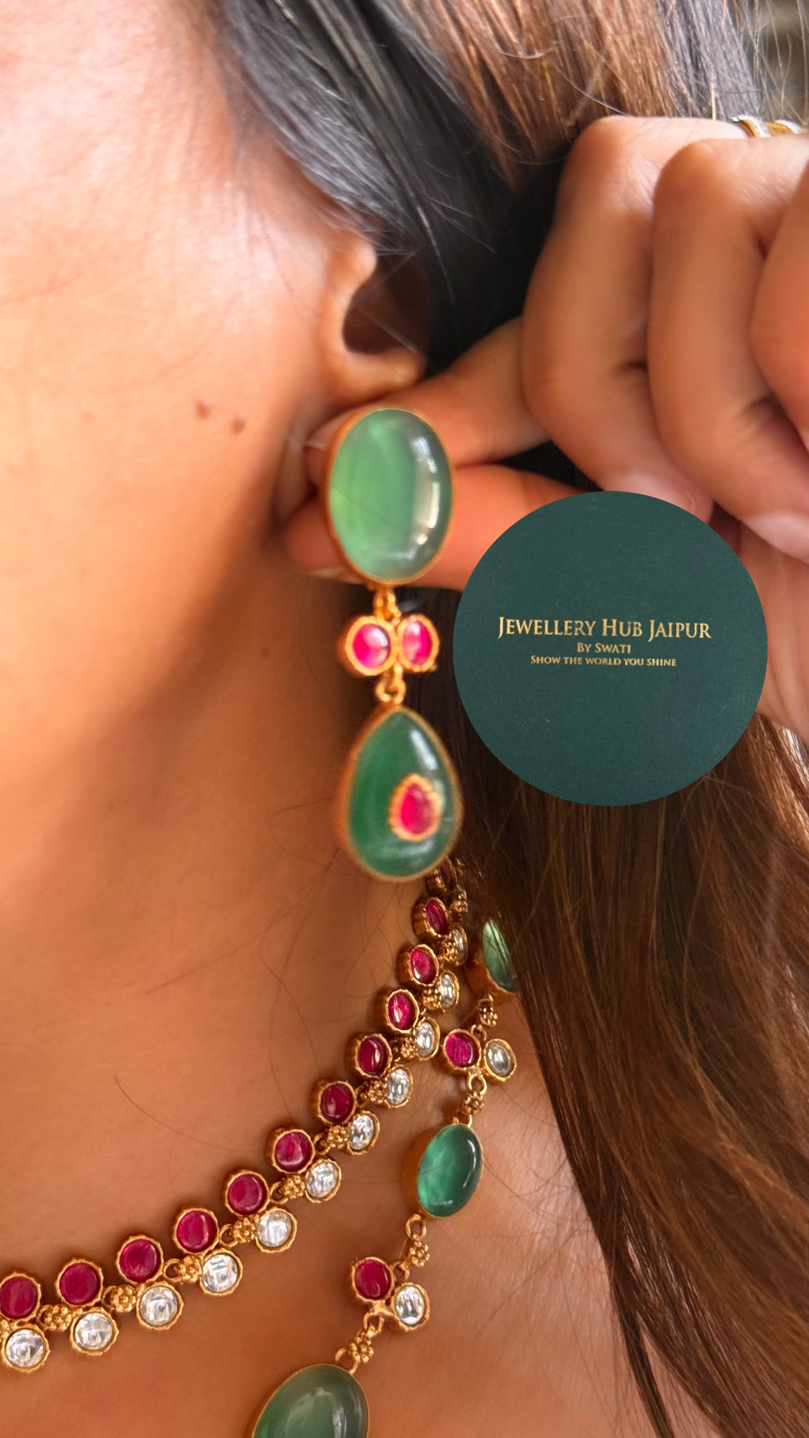 Amrapali inspired Natural stone Emerald & rani pink moissanite dual layer collar set