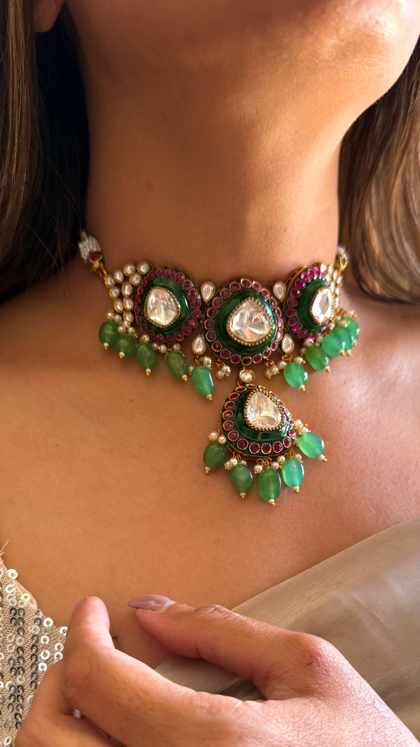 Ruby & Emerald mint polki choker necklace with jhumkas